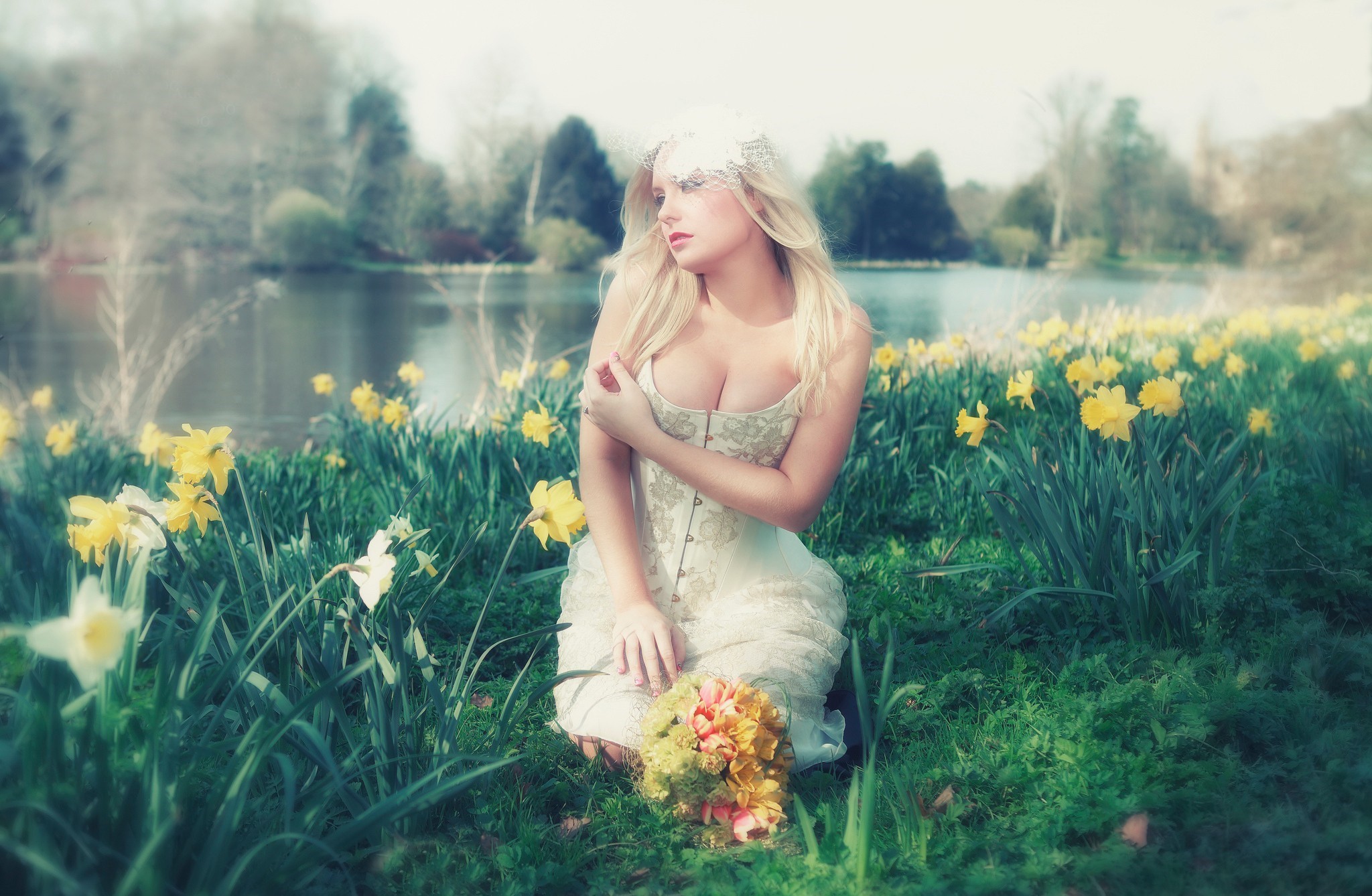 People 2048x1338 women women outdoors blonde white dress cleavage looking into the distance boobs dress white clothing looking away plants flowers yellow flowers sitting makeup red lipstick model outdoors kneeling