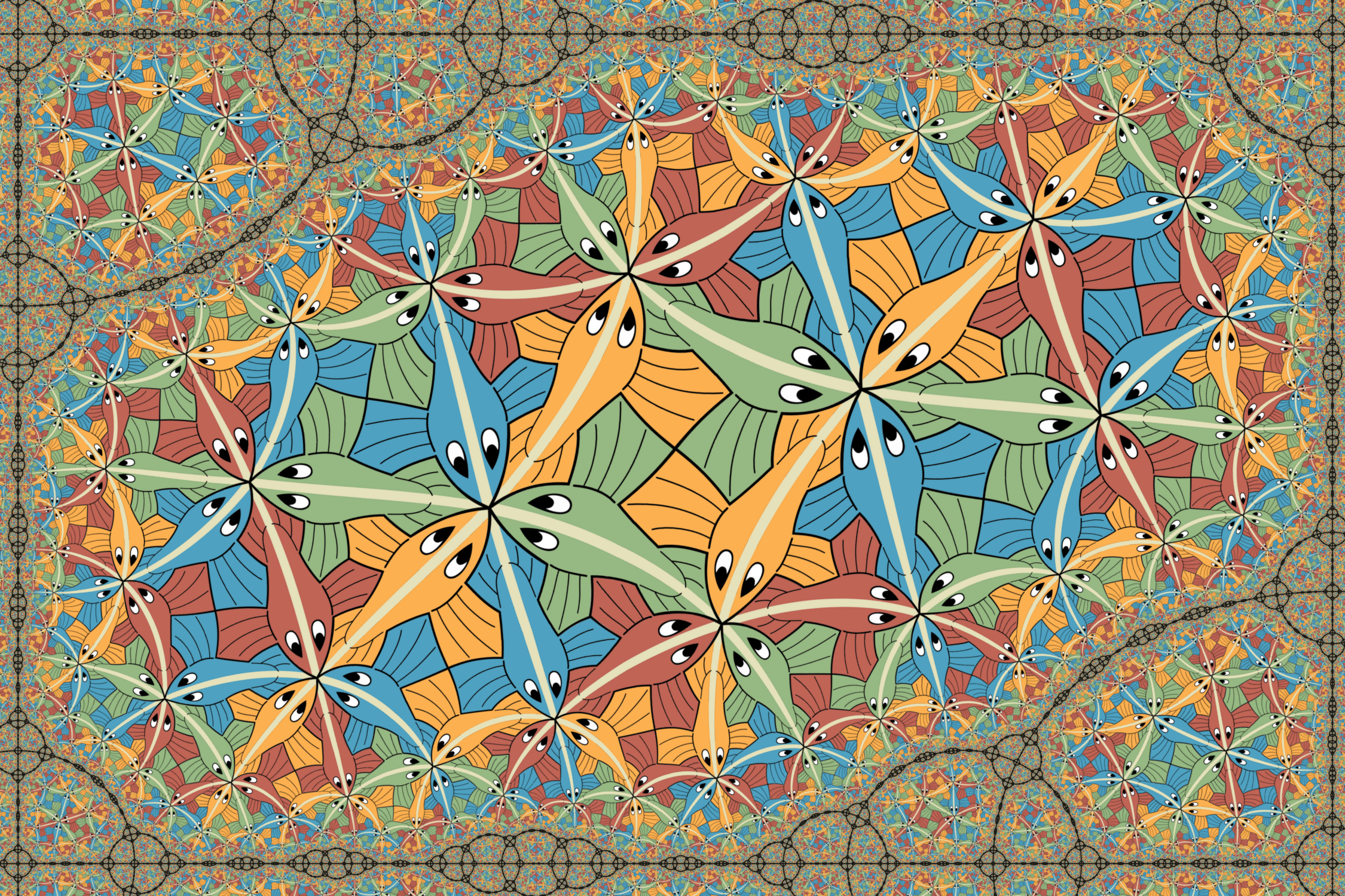 General 2250x1500 optical illusion M. C. Escher psychedelic animals symmetry colorful fish