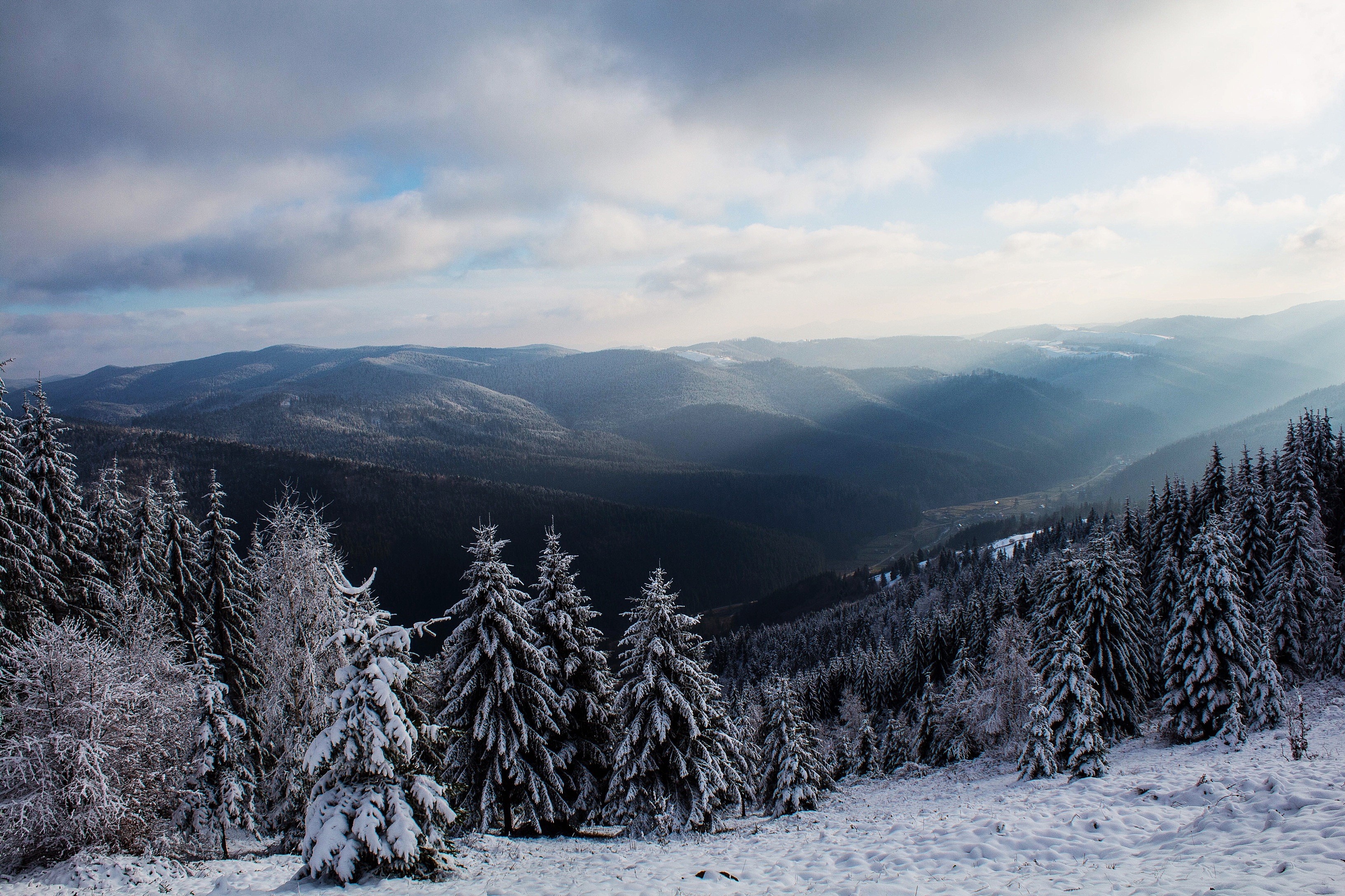 General 3264x2176 nature landscape sun rays winter snow trees pine trees forest clouds hills