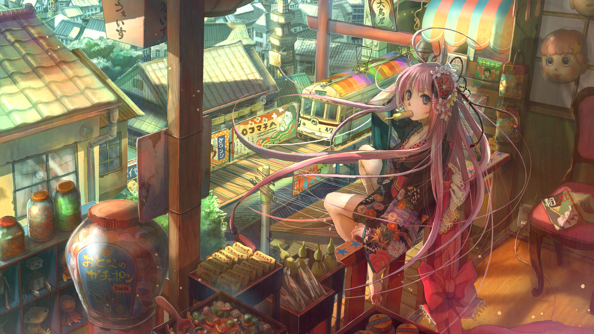 Anime 1920x1080 original characters anime sitting train vehicle food sweets popsicle long hair looking at viewer anime girls women pink hair
