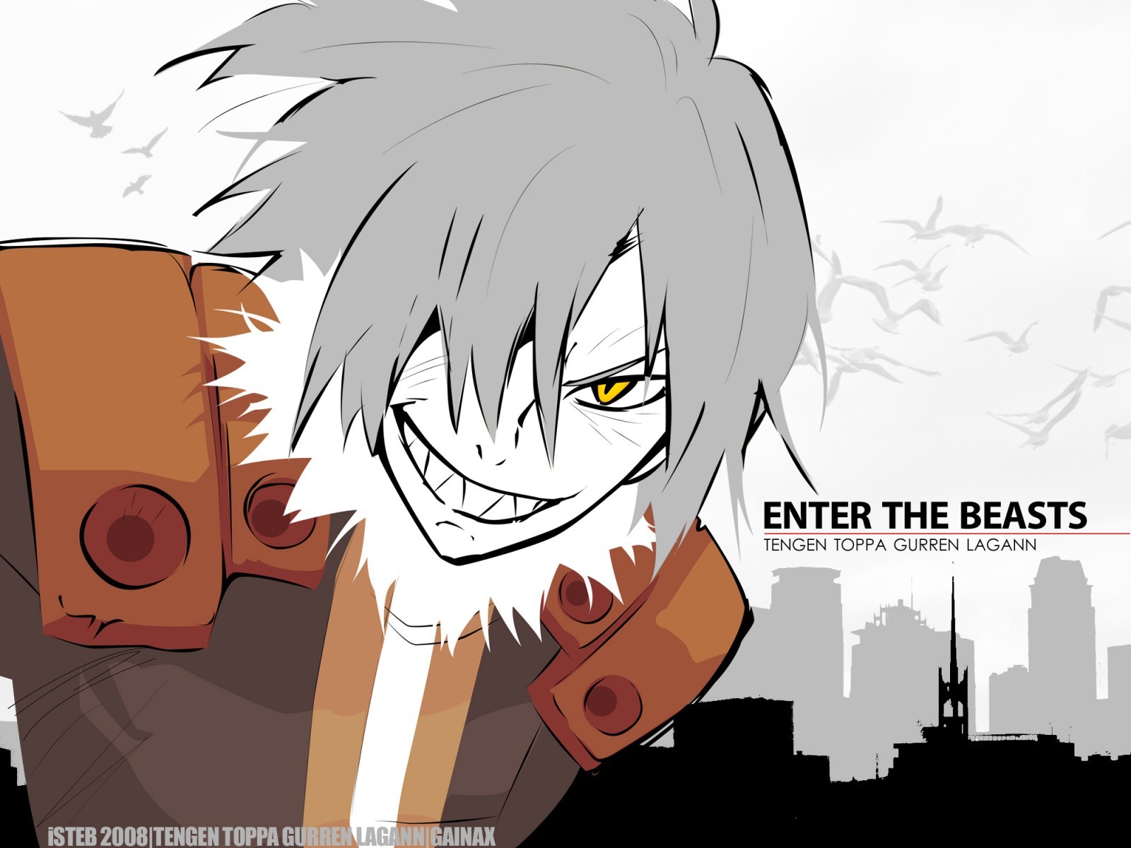 Anime 1600x1200 anime boys 2008 (Year) yellow eyes anime Tengen Toppa Gurren Lagann face angry hair in face looking at viewer gray hair