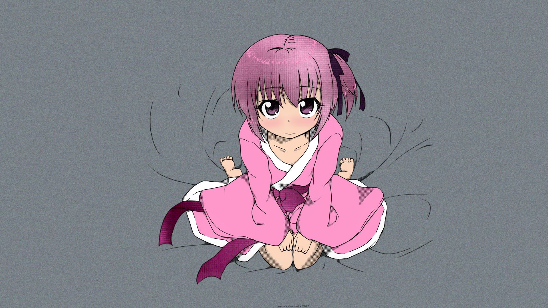 Anime 1920x1080 Ro-Kyu-Bu! Minato Tomoka yukata anime anime girls manga simple background pink hair purple eyes kneeling looking at viewer