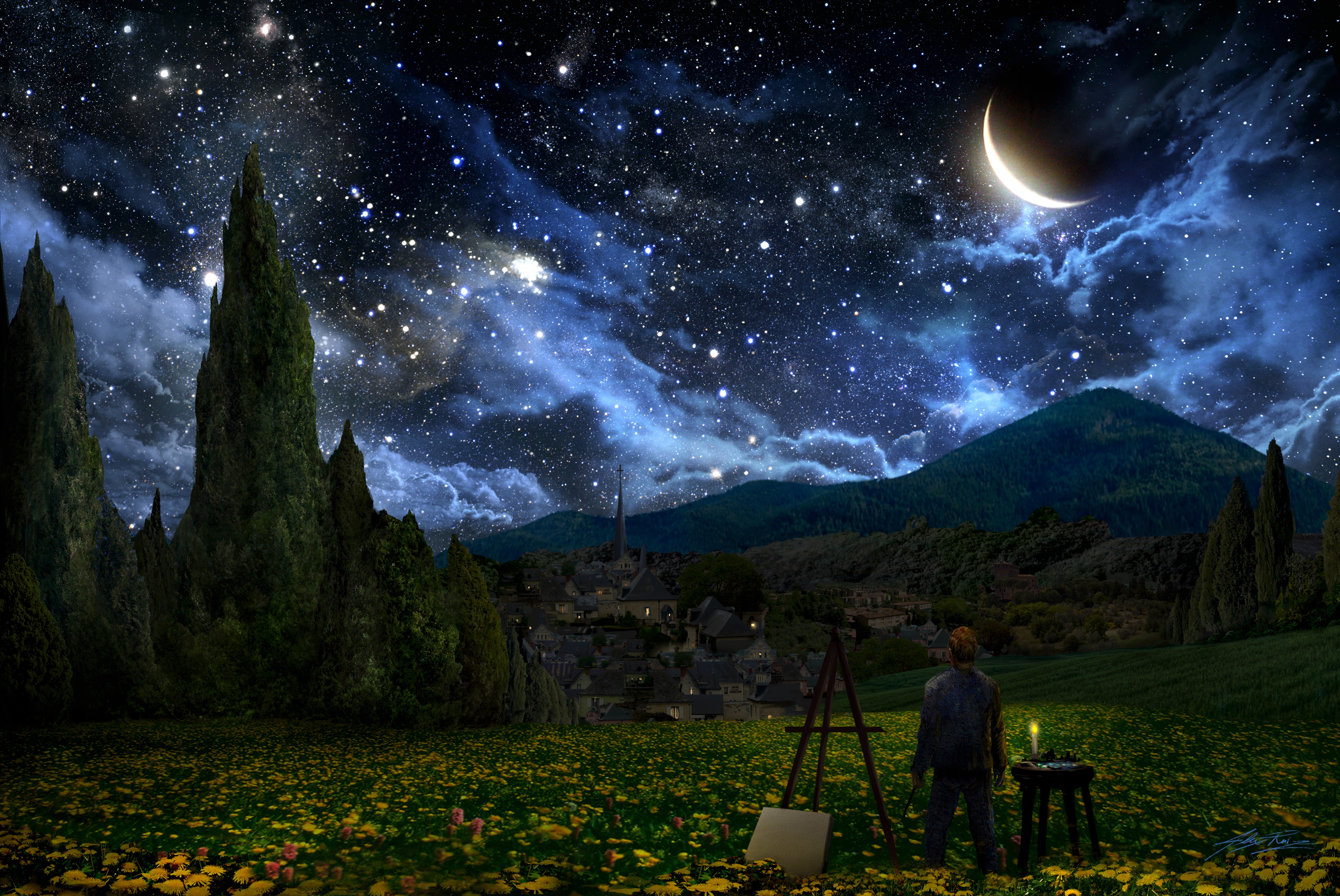 General 5997x4013 Vincent van Gogh The Starry Night crescent moon painters stars landscape artwork low light