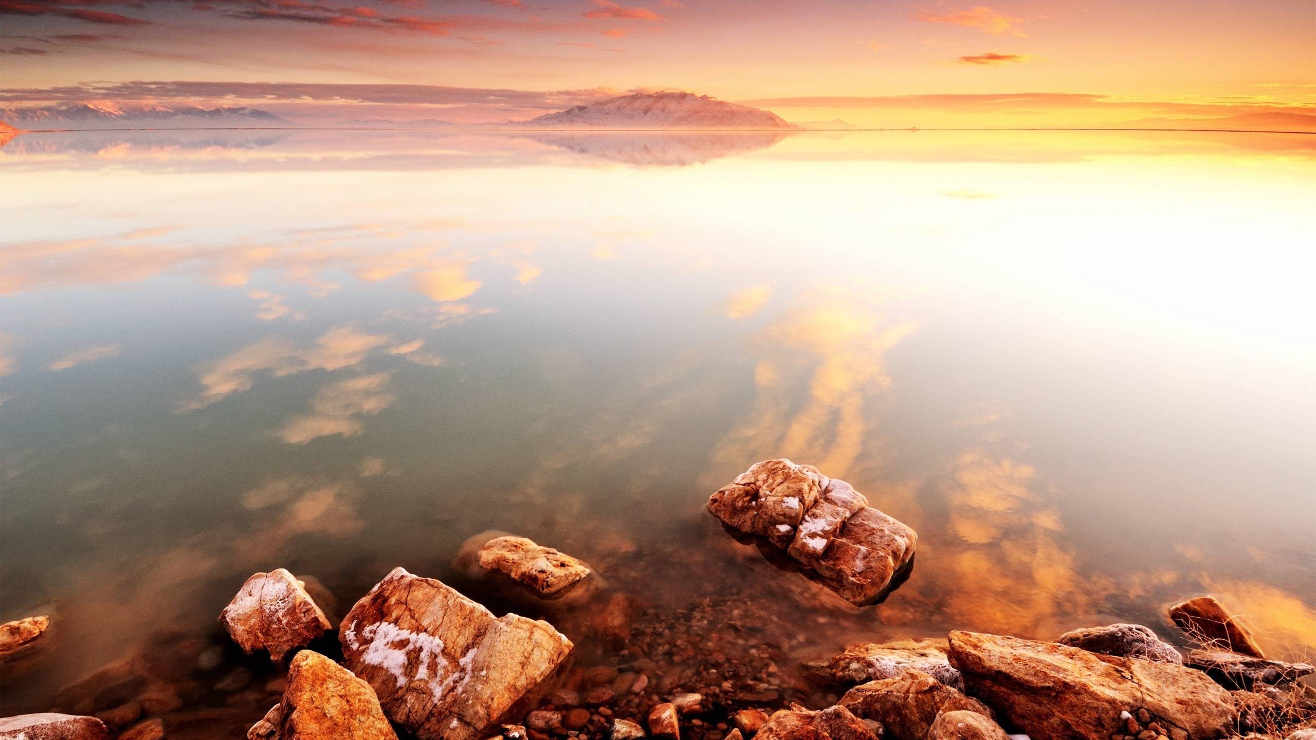 General 2560x1440 nature landscape lake water stones sky sunlight orange sky calm waters