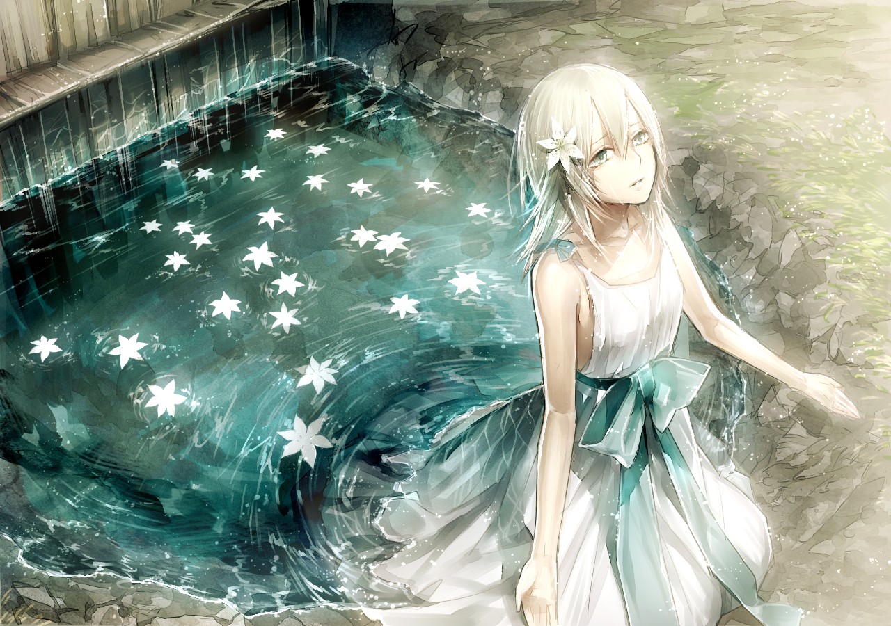 Anime 1280x900 Nier water flowers flower in hair white dress ribbon anime girls anime fantasy art fantasy girl