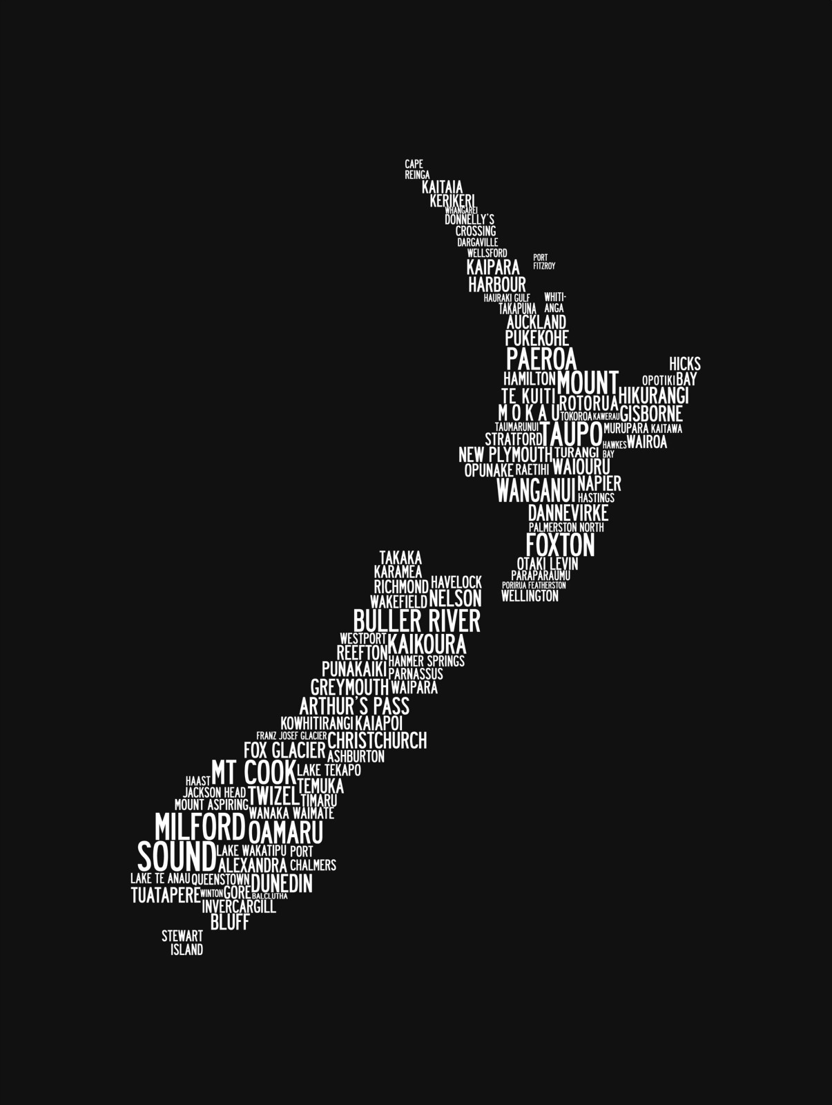 General 1205x1600 minimalism black background simple background map New Zealand island white text town typography