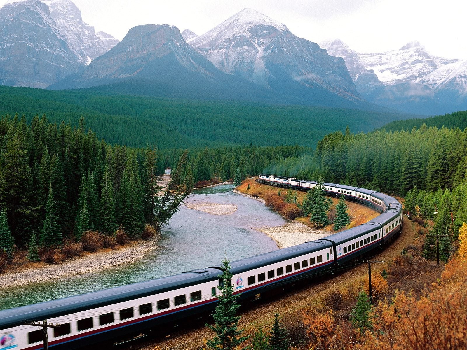 General 1600x1200 nature landscape train railway mountains snow trees forest river Canada vehicle Canadian Pacific Railway Morant's Curve Alberta