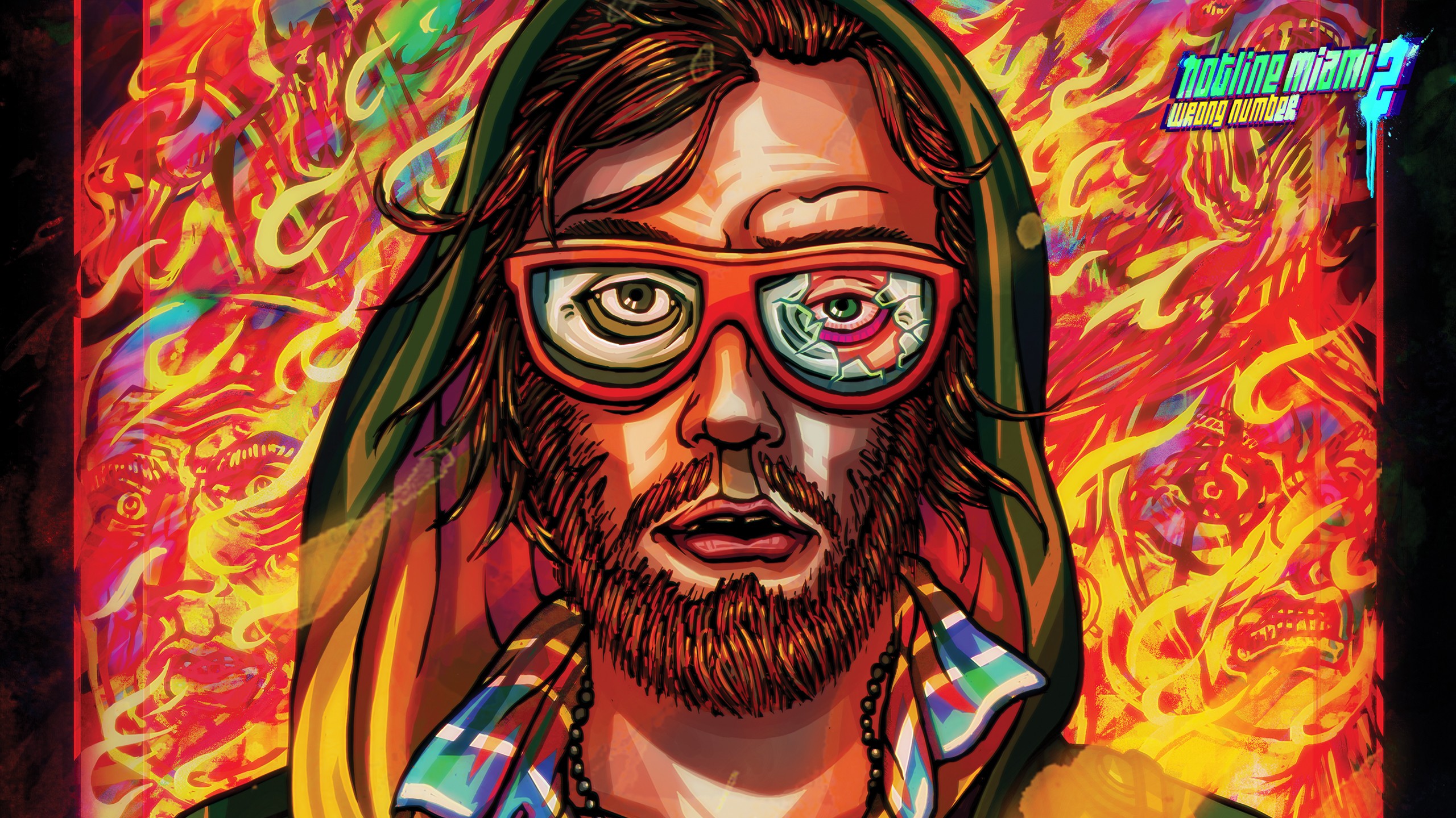 General 2560x1440 video games Hotline Miami 2: Wrong Number Hotline Miami beard looking at viewer glasses hoods video game men video game characters title parted lips video game art