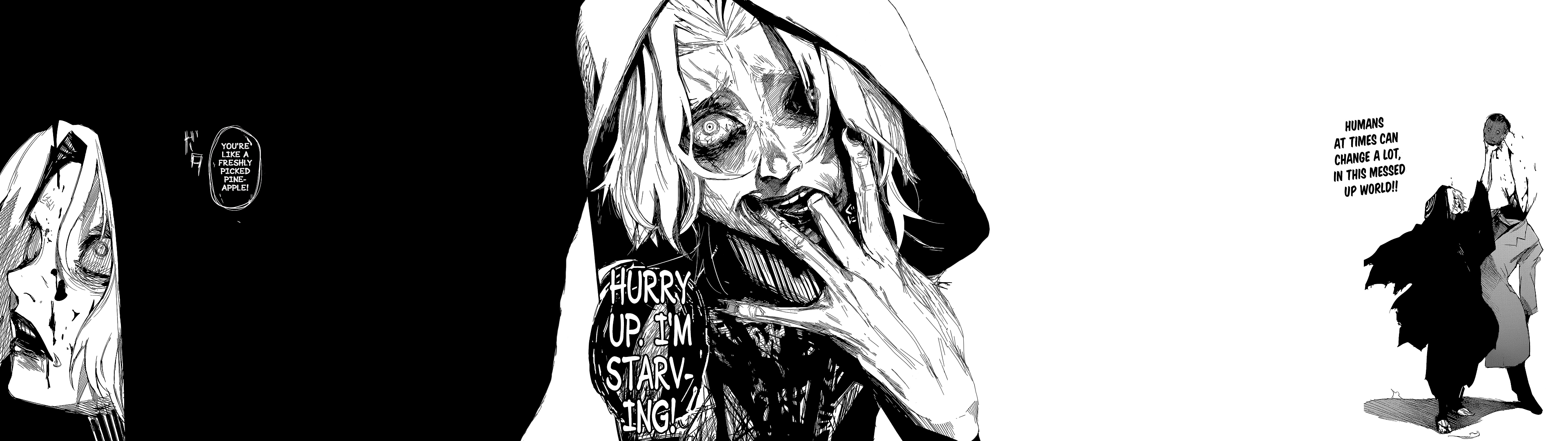 Anime 3840x1080 Tokyo Ghoul:re multiple display manga monochrome anime face hoods simple background