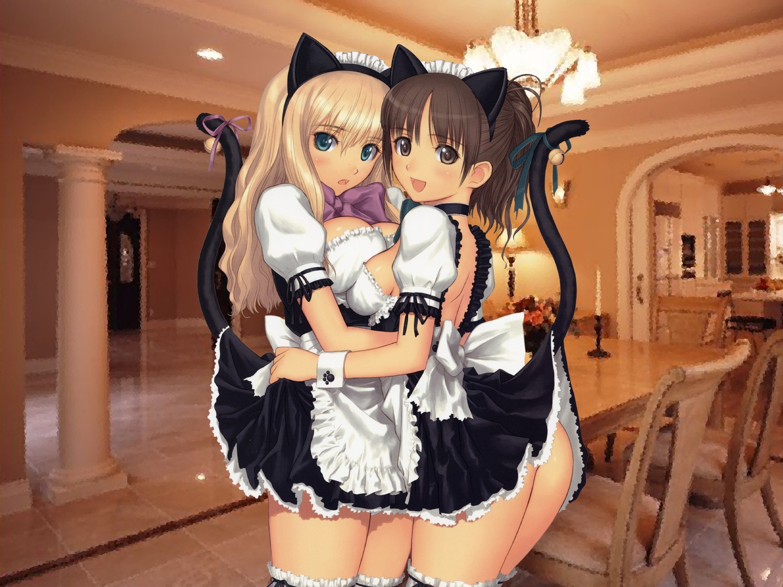 Anime 1600x1200 anime kissing Tony Taka maid choker anime girls two women maid outfit tail cat girl looking at viewer blonde long hair brunette boobs