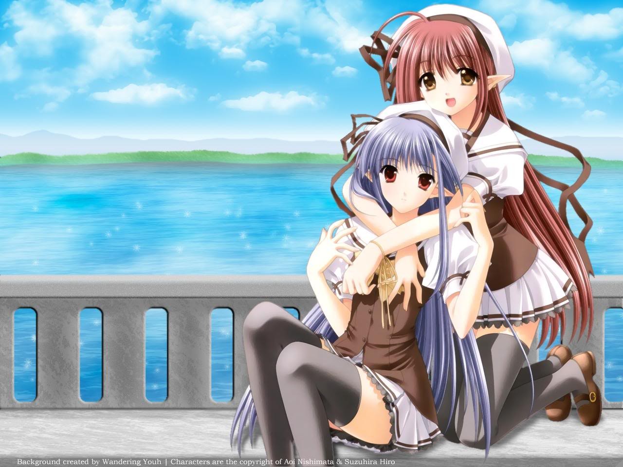 Anime 1280x960 anime Shuffle! Nerine  Lisianthus Eustoma thigh-highs anime girls two women redhead blue hair pointy ears