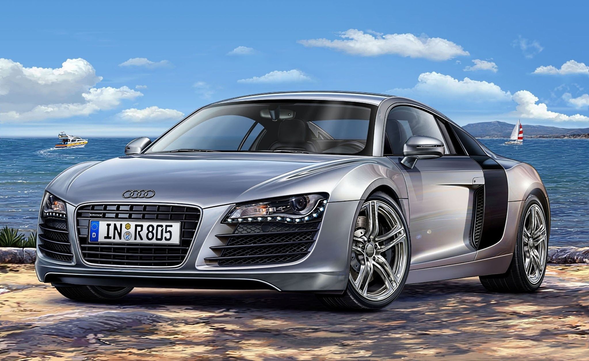 General 2047x1254 car vehicle numbers artwork Audi silver cars Audi R8 German cars Volkswagen Group water frontal view clouds sky licence plates headlights