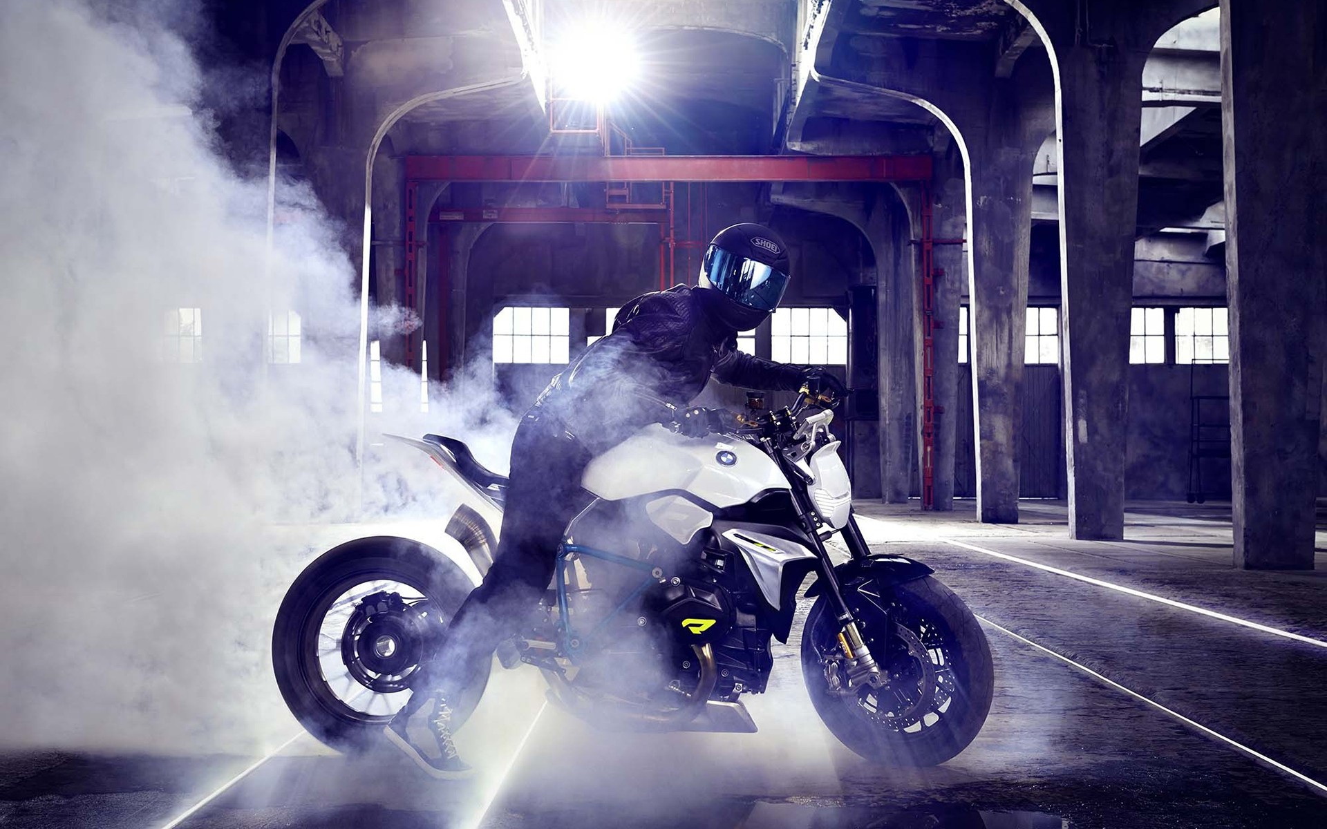 General 1920x1200 burnout motorcycle BMW vehicle smoke helmet indoors German motorcyles