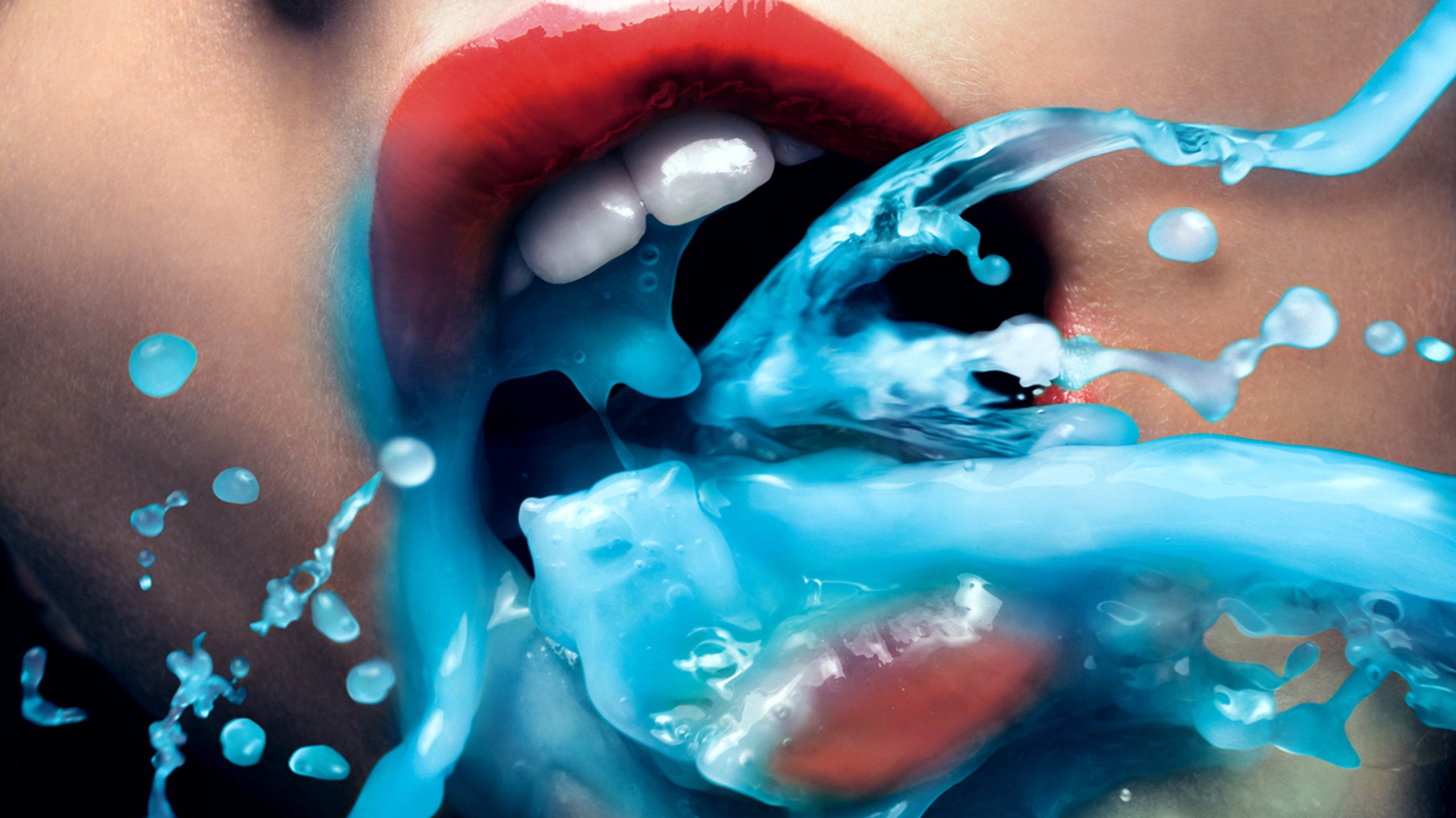 General 2560x1440 digital art mouth liquid artwork women blue cyan red lipstick teeth
