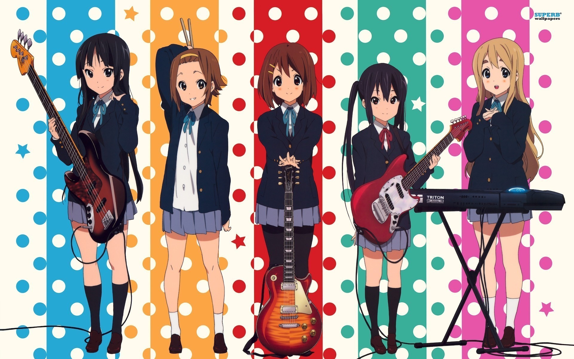 Anime 1920x1200 anime girls anime K-ON! Akiyama Mio Tainaka Ritsu Hirasawa Yui Nakano Azusa Kotobuki Tsumugi band music guitar musical instrument