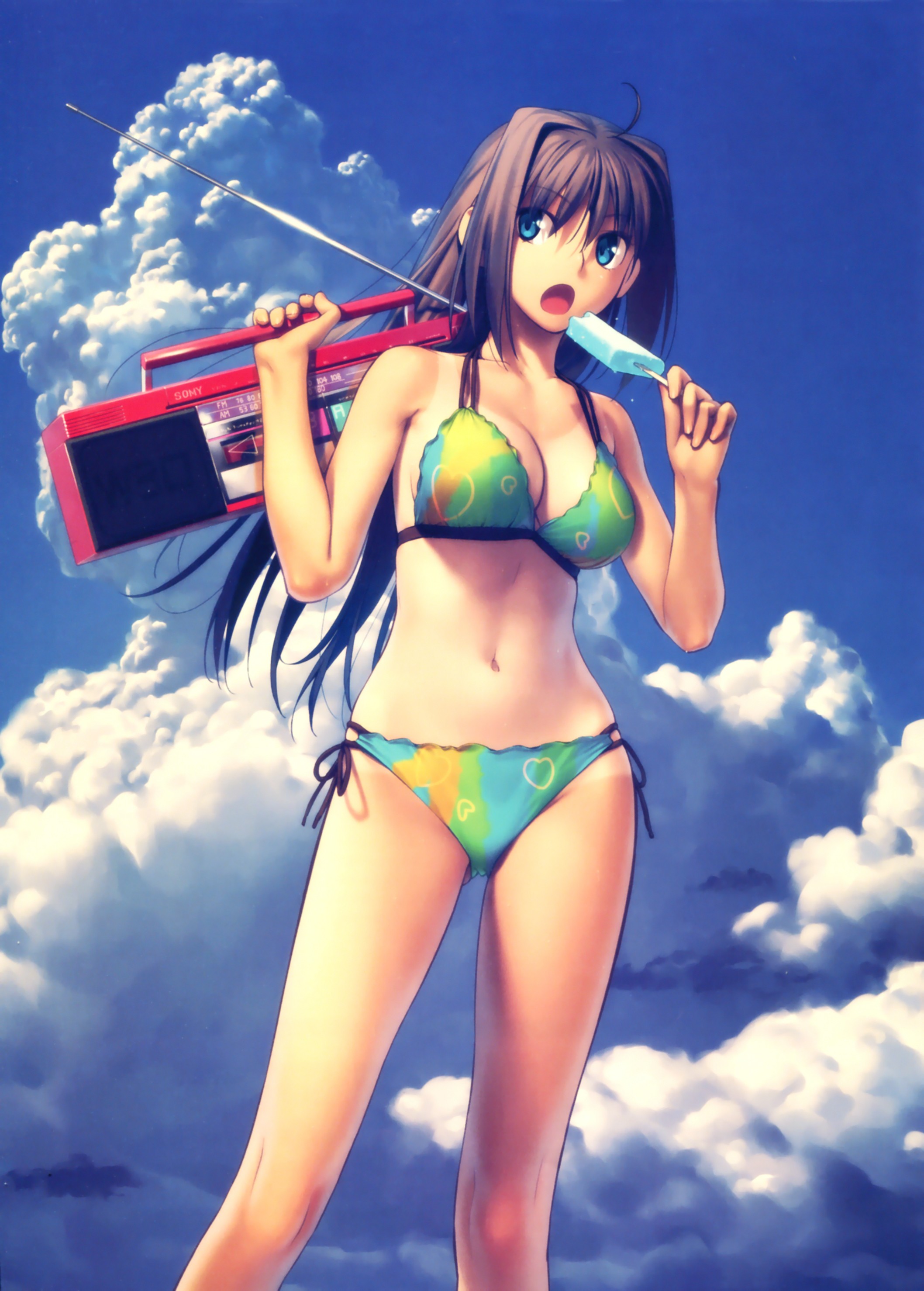 Anime 2116x2956 Type-Moon Aozaki Aoko bikini Mahoutsukai no Yoru boombox popsicle clouds stereos anime girls anime open mouth boobs belly standing women outdoors outdoors brunette looking away blue eyes food sweets