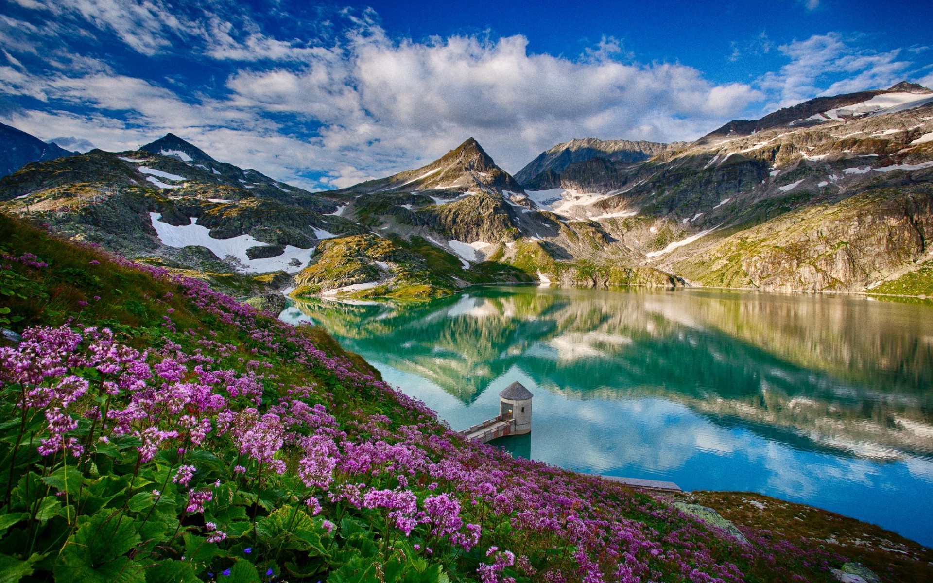 General 1920x1200 landscape mountains lake flowers reflection nature