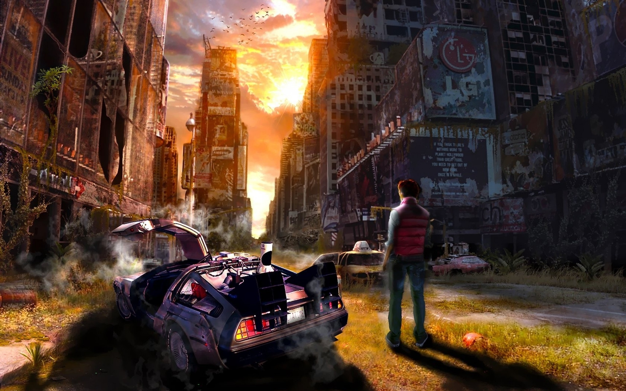 General 2560x1600 Back to the Future apocalyptic science fiction car vehicle DeLorean Marty McFly silver cars New York City sunlight sky artwork Time Machine dystopian time travel cityscape