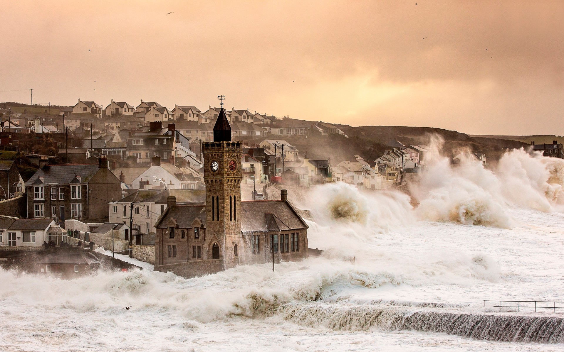 General 1920x1200 building church river town sea storm waves water