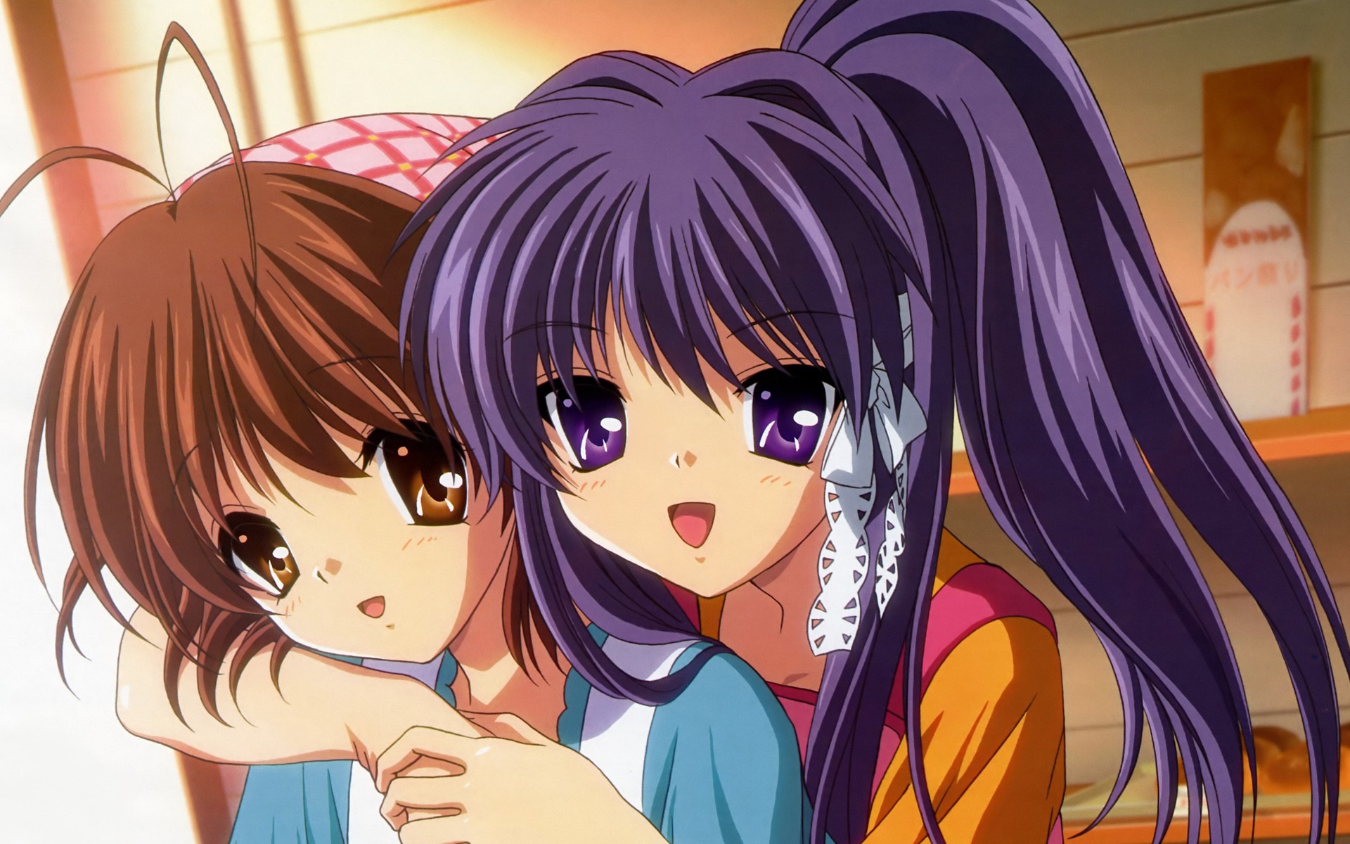 Anime 1920x1200 anime girls anime Clannad Furukawa Nagisa Fujibayashi Kyou hugging portrait two women purple hair brunette brown eyes purple eyes