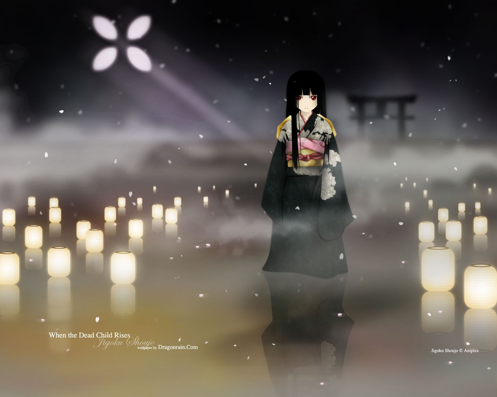 Anime 1600x1280 Jigoku Shoujo Enma Ai dark hair standing lights lantern looking at viewer anime girls anime