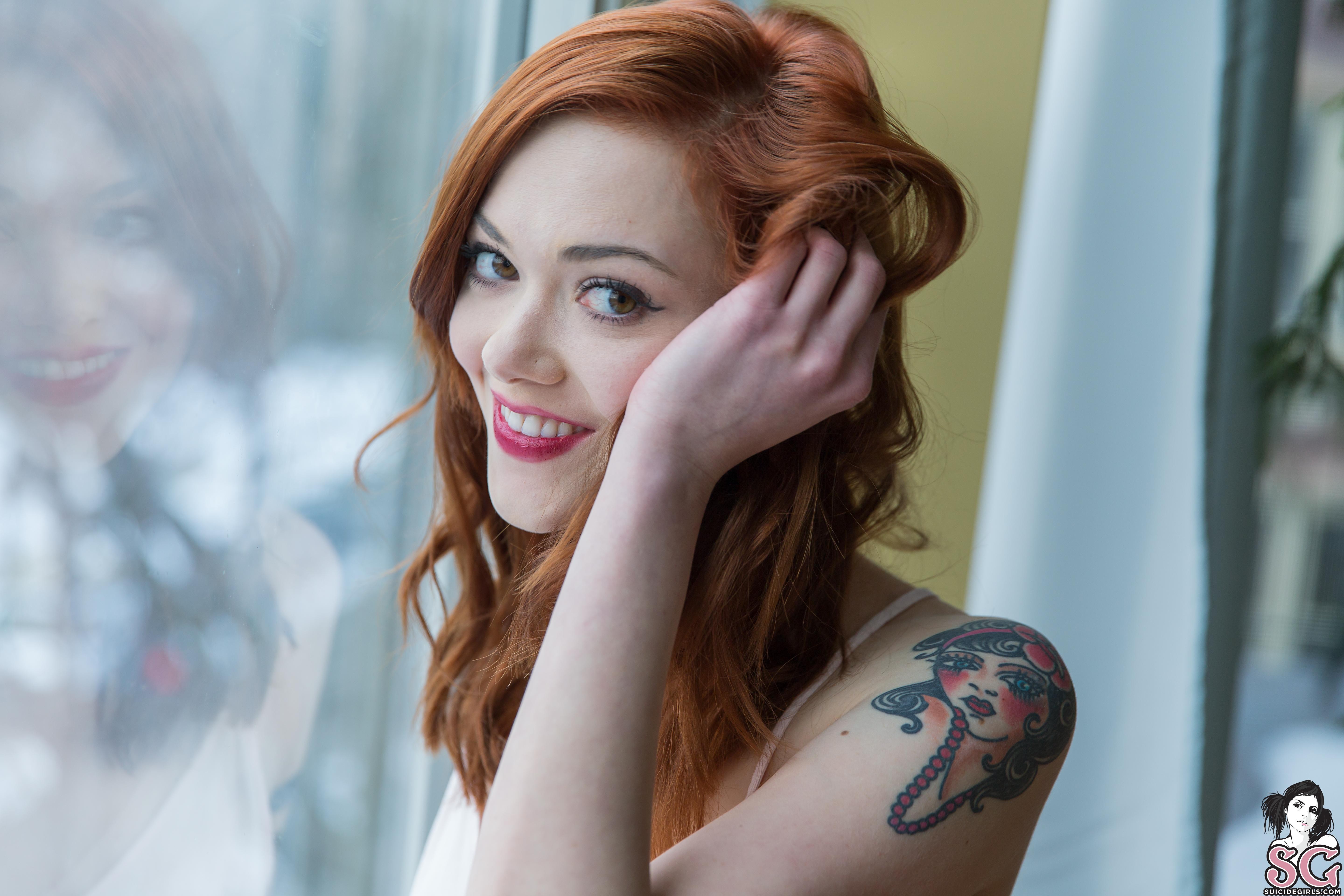 People 5760x3840 redhead women Maud Suicide tattoo smiling Suicide Girls window reflection brown eyes touching hair open mouth women indoors indoors looking at viewer model American women closeup watermarked