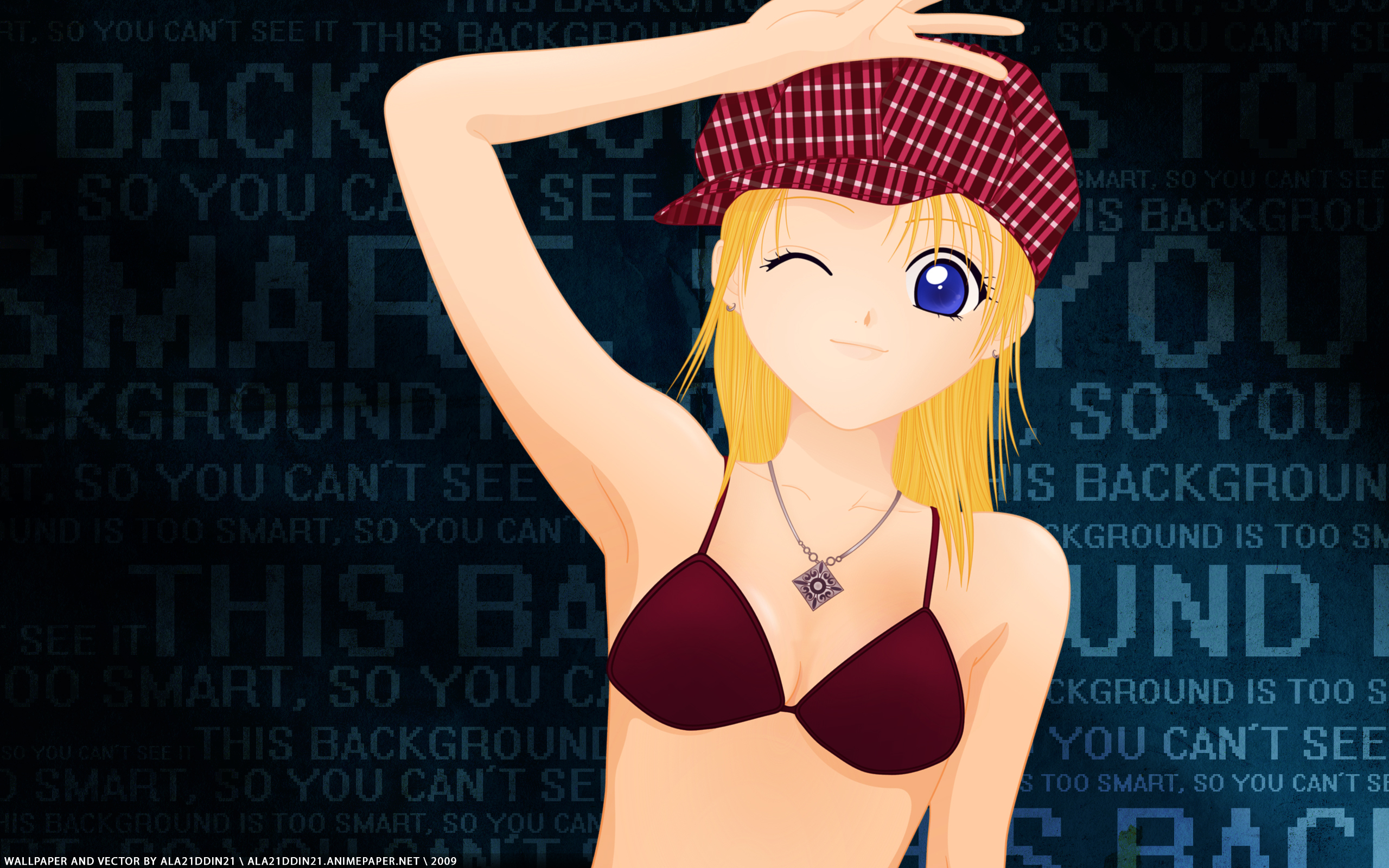 Anime 2560x1600 anime blonde hat necklace 2009 (Year) anime girls women with hats one eye closed bikini bikini top red bikini swimwear one arm up watermarked