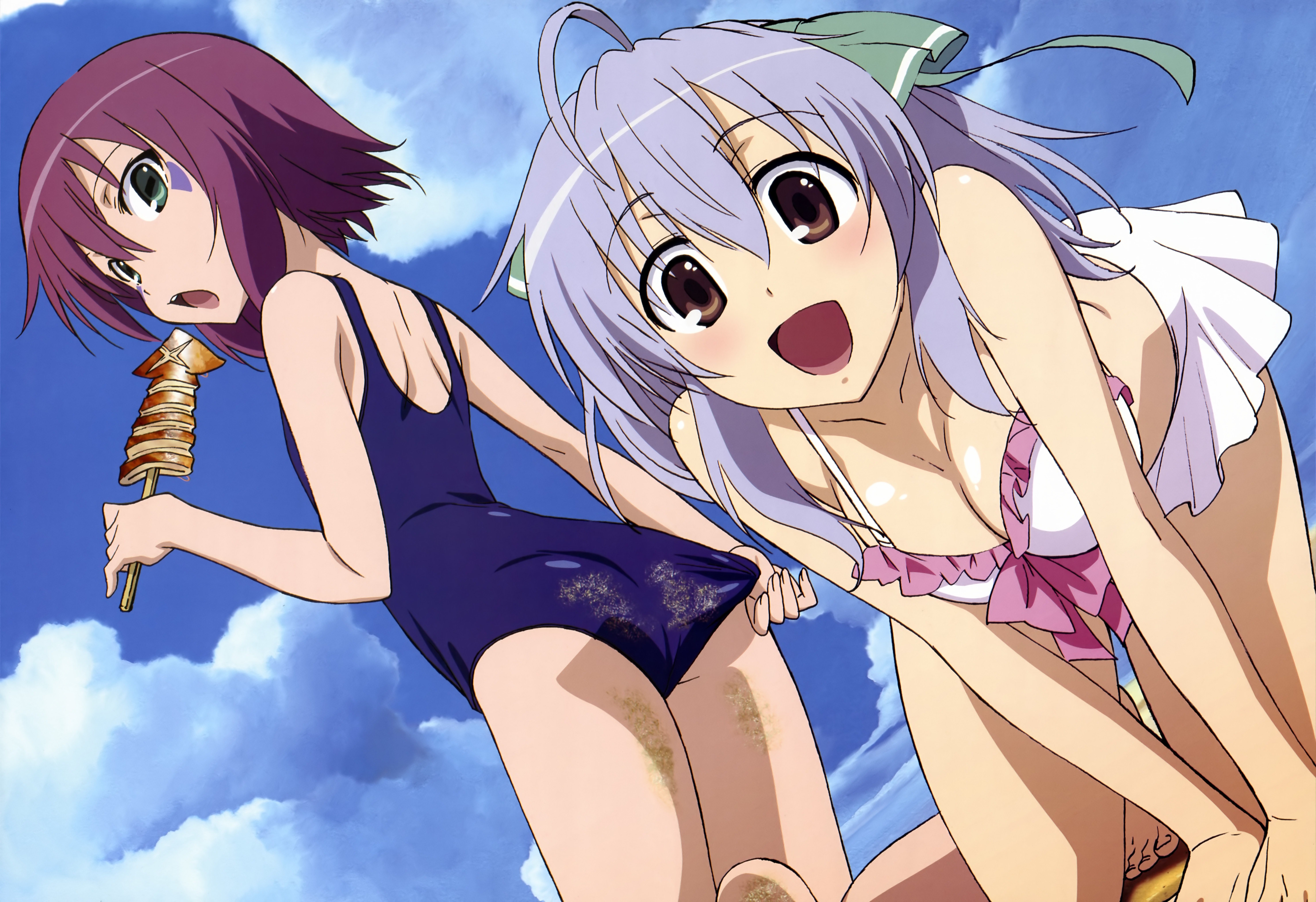Anime 5950x4079 Yumekui Merry anime anime girls two women women outdoors open mouth looking at viewer low-angle