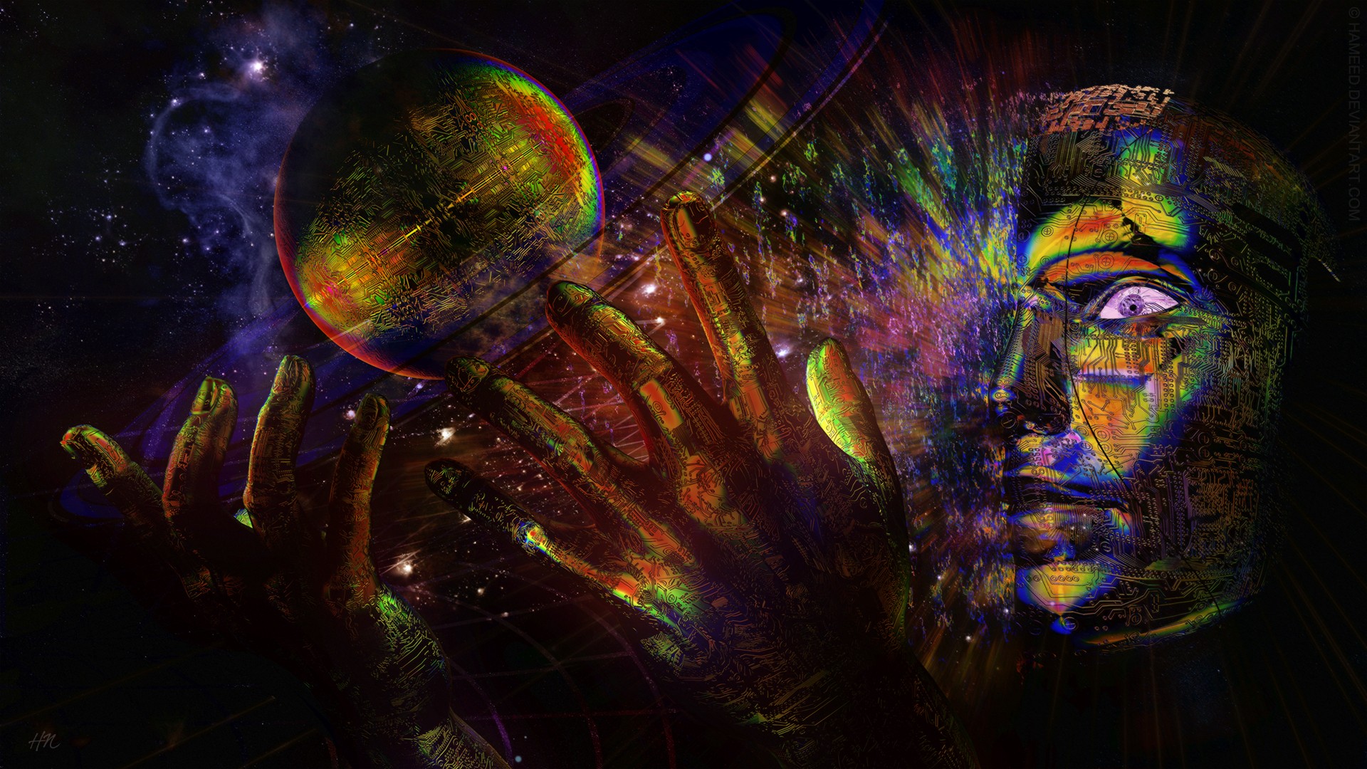 General 1920x1080 psychedelic circuits space hands face planet space art surreal