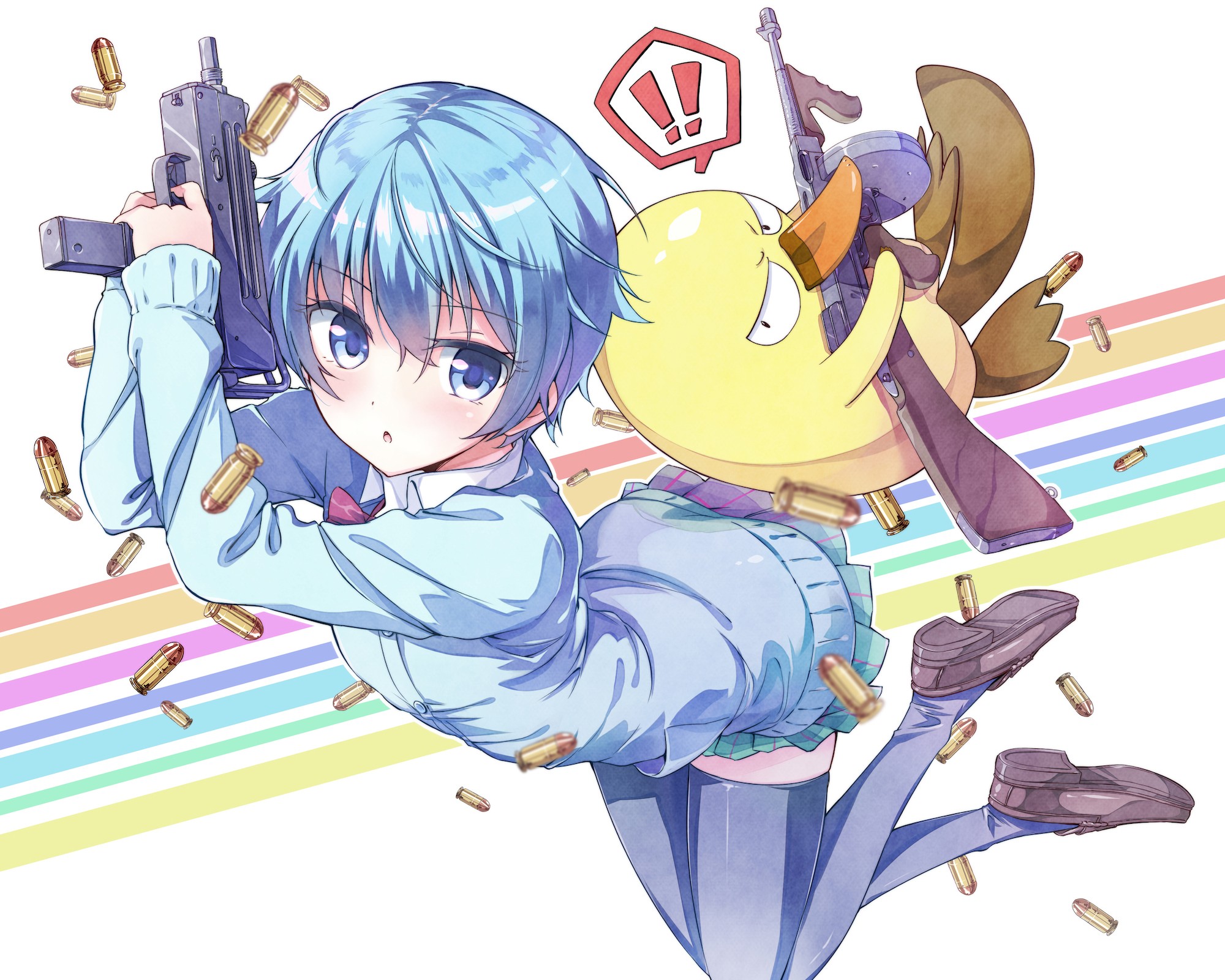 Anime 2000x1600 anime girls blue hair gun Sabagebu JK school uniform anime girls with guns anime machine gun uzi cyan hair girls with guns tommy gun ammunition