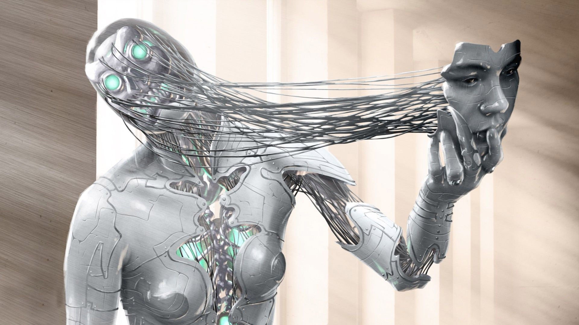 General 1920x1080 digital art women artwork face robot cyborg skull metal wires CGI cyan
