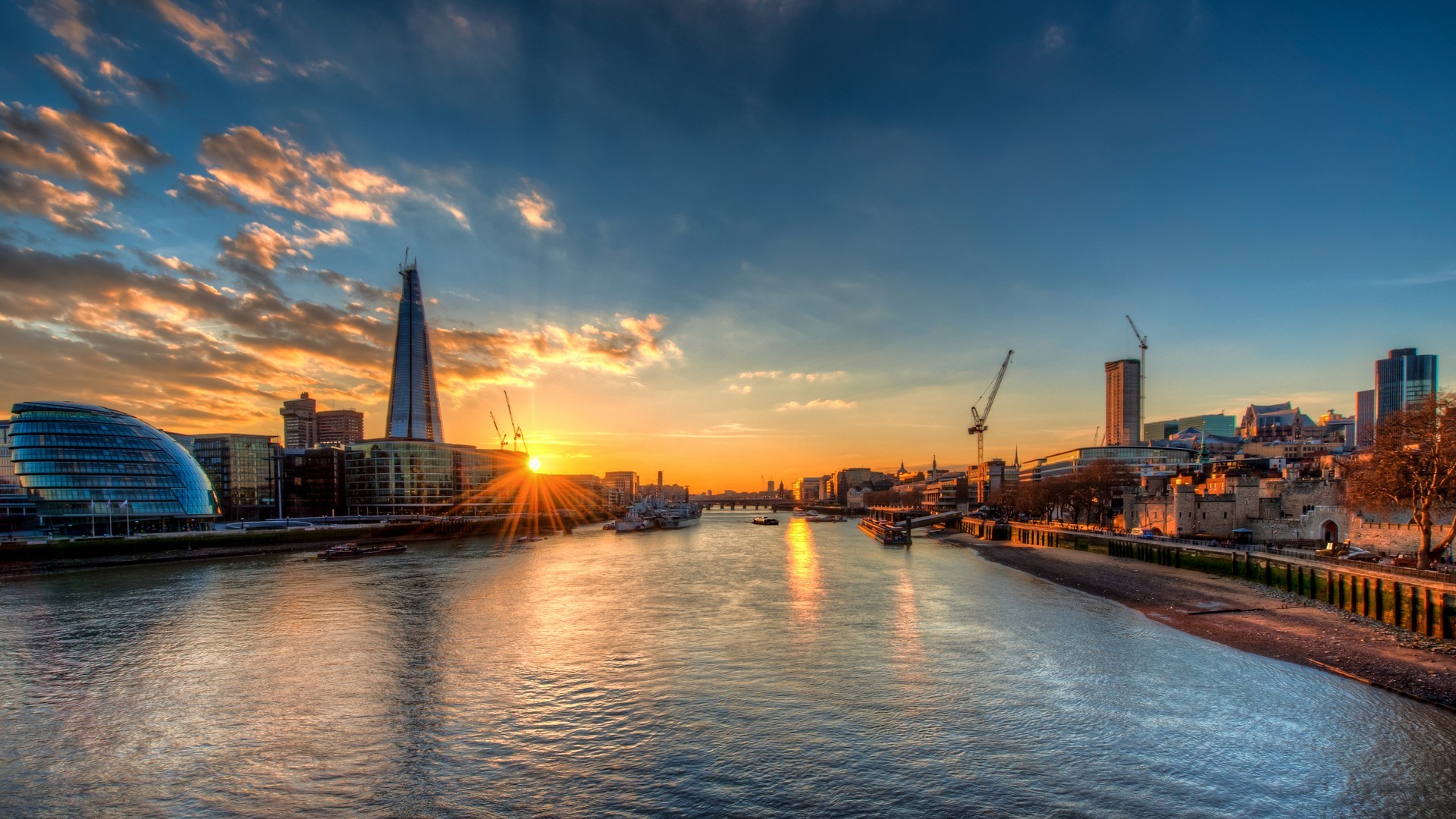 General 1920x1080 cityscape city building HDR sunset London UK River Thames sky sunlight Sun