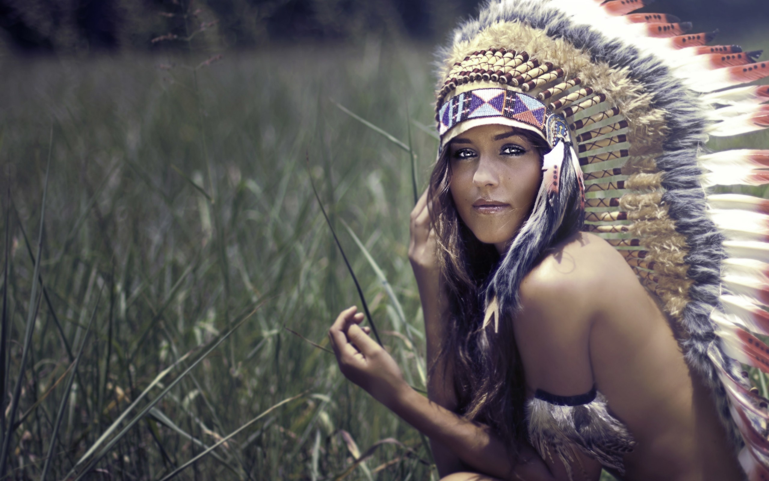 People 2560x1600 brunette headdress nature women long hair women outdoors looking at viewer feathers field grass bare shoulders face model outdoors Native American clothing sacrilege plants