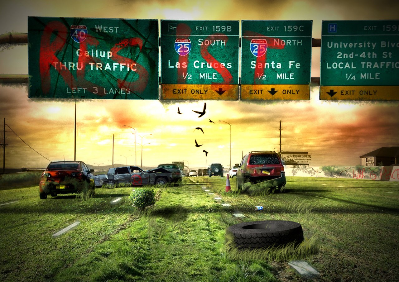 General 1280x905 apocalyptic abandoned road highway grass futuristic digital art tires car vehicle wreck USA