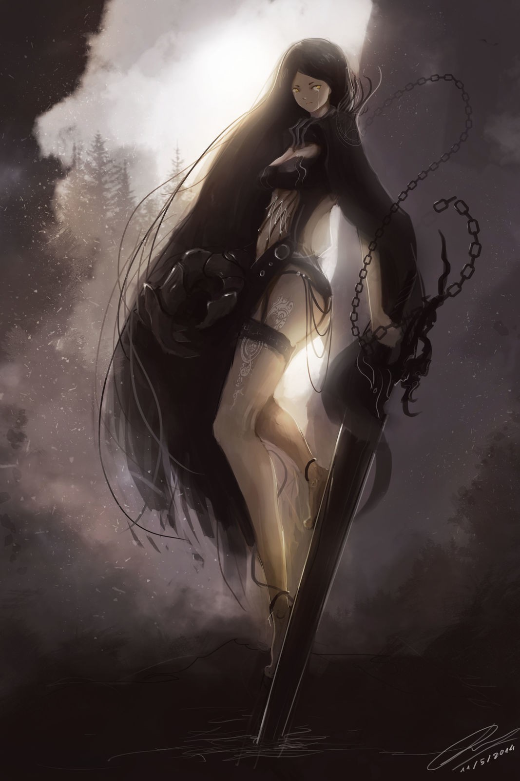 Anime 1067x1600 Black Rock Shooter anime fantasy girl fantasy art artwork 2014 (Year) legs black hair long hair