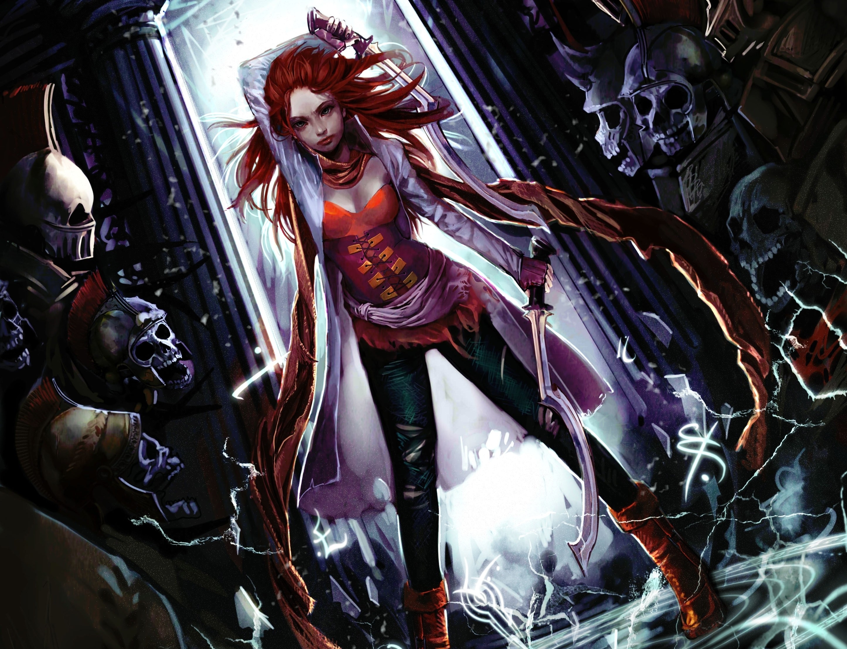 General 2891x2216 warrior fantasy art women artwork women with swords redhead weapon sword long hair skull