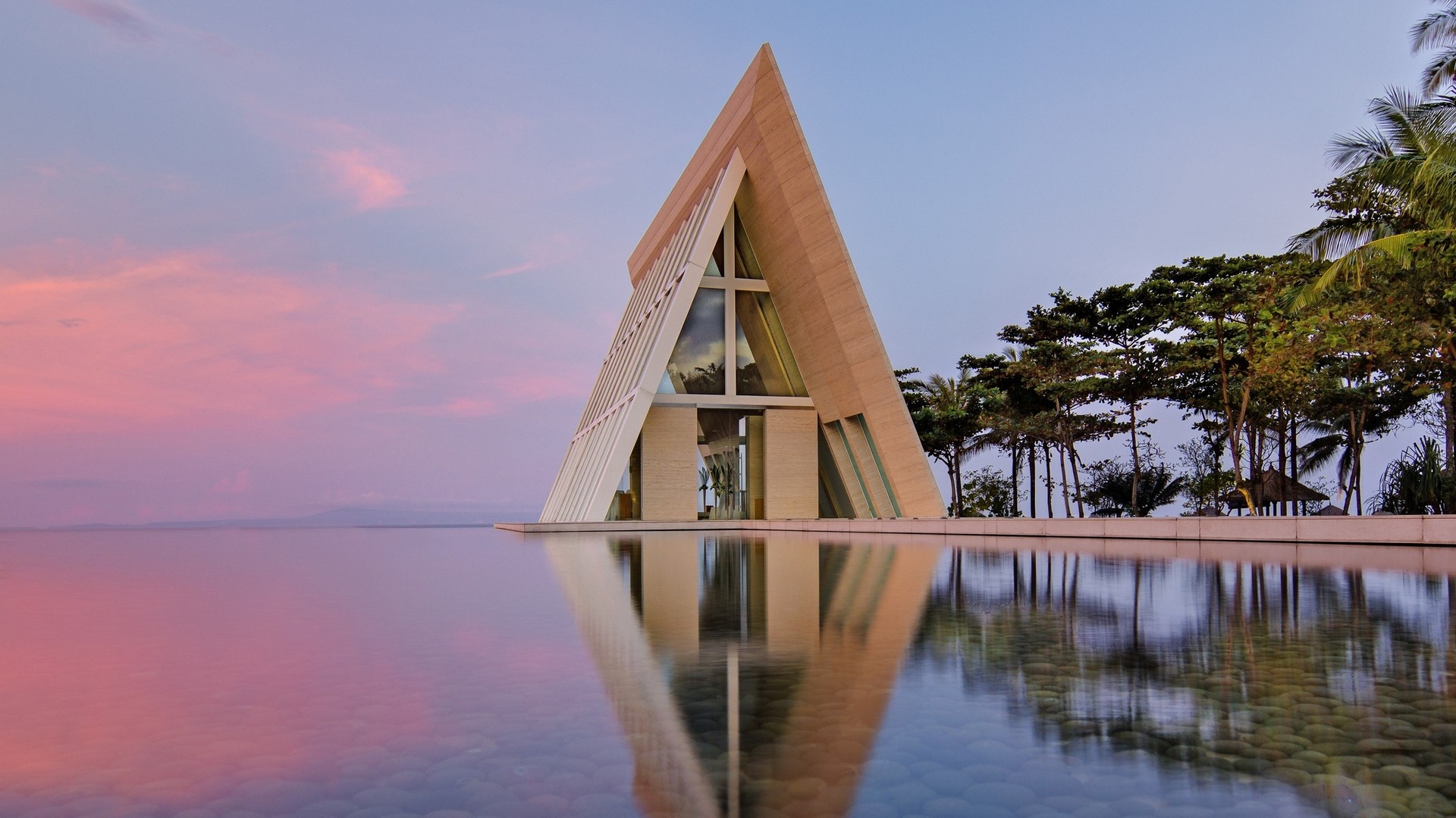 General 1920x1080 sunset sea water building architecture modern beach triangle house reflection