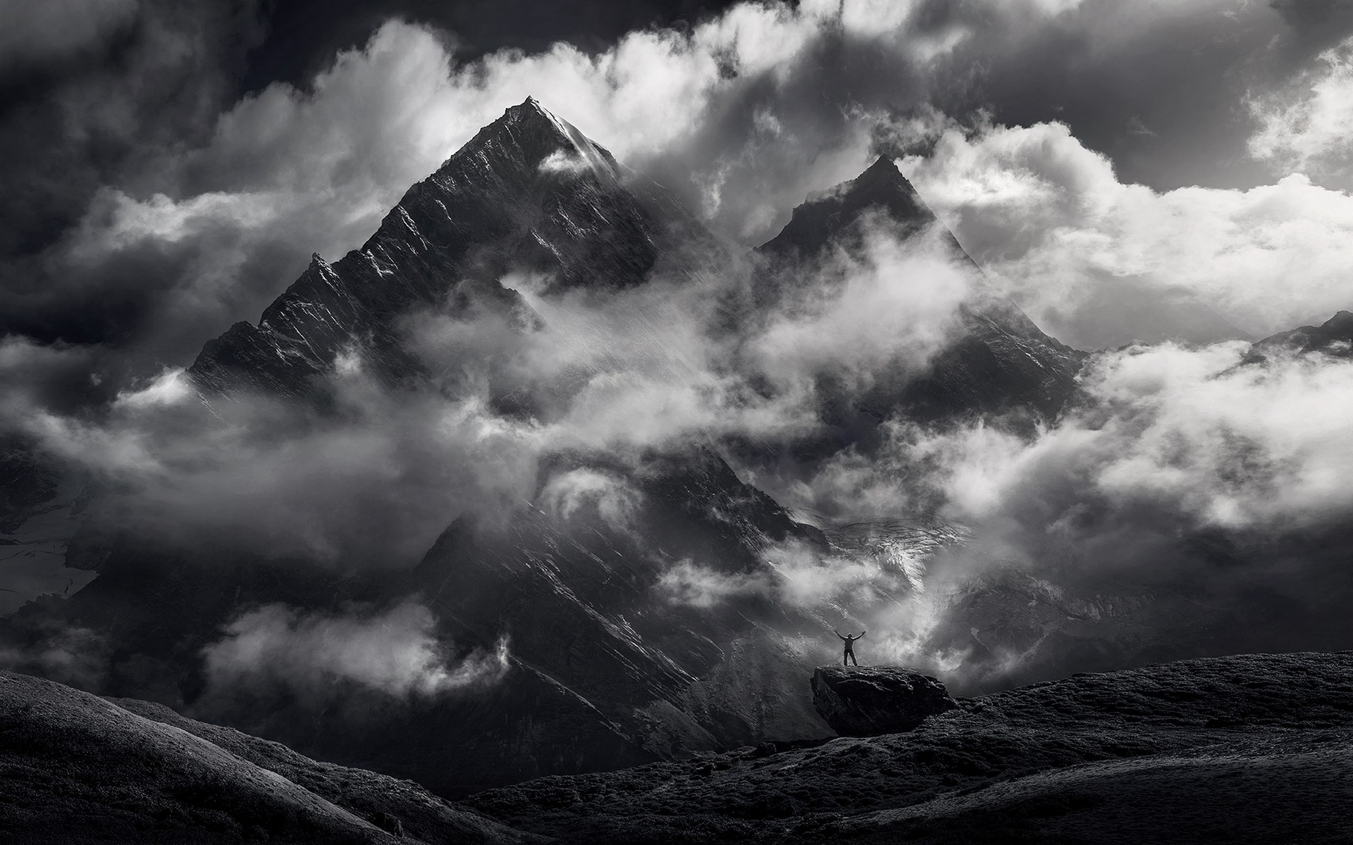 General 1920x1200 nature landscape monochrome mountains Himalayas clouds snowy peak dark Asia