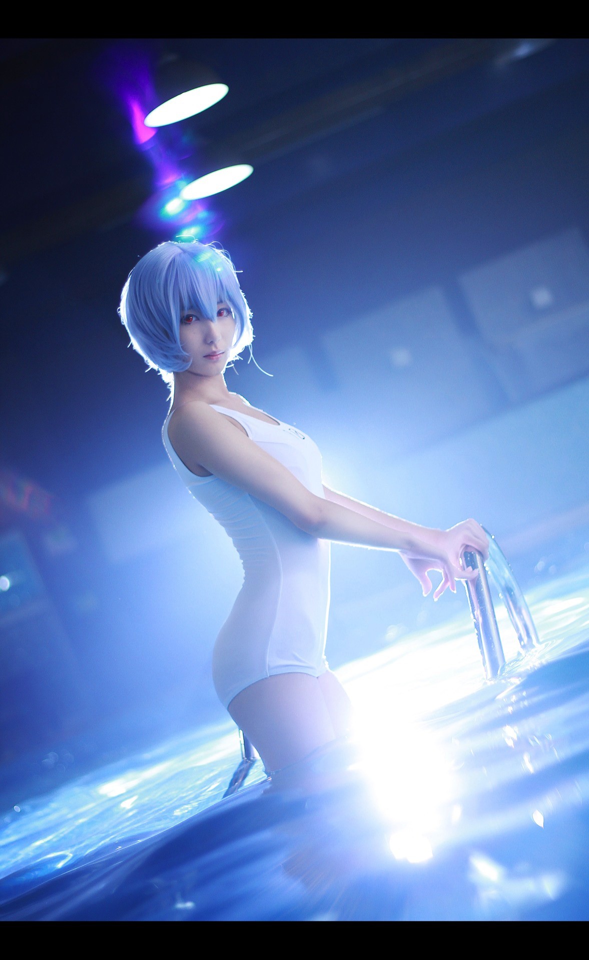 People 1177x1920 blue hair one-piece swimsuit swimwear cosplay women Ayanami Rei model looking at viewer swimming pool in water