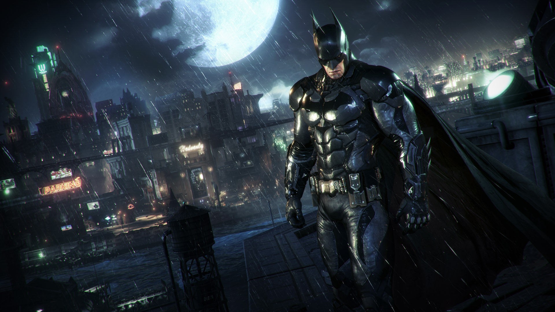 General 1920x1080 video games Batman night Gotham City rain Moon cityscape hero PC gaming screen shot Batman: Arkham City