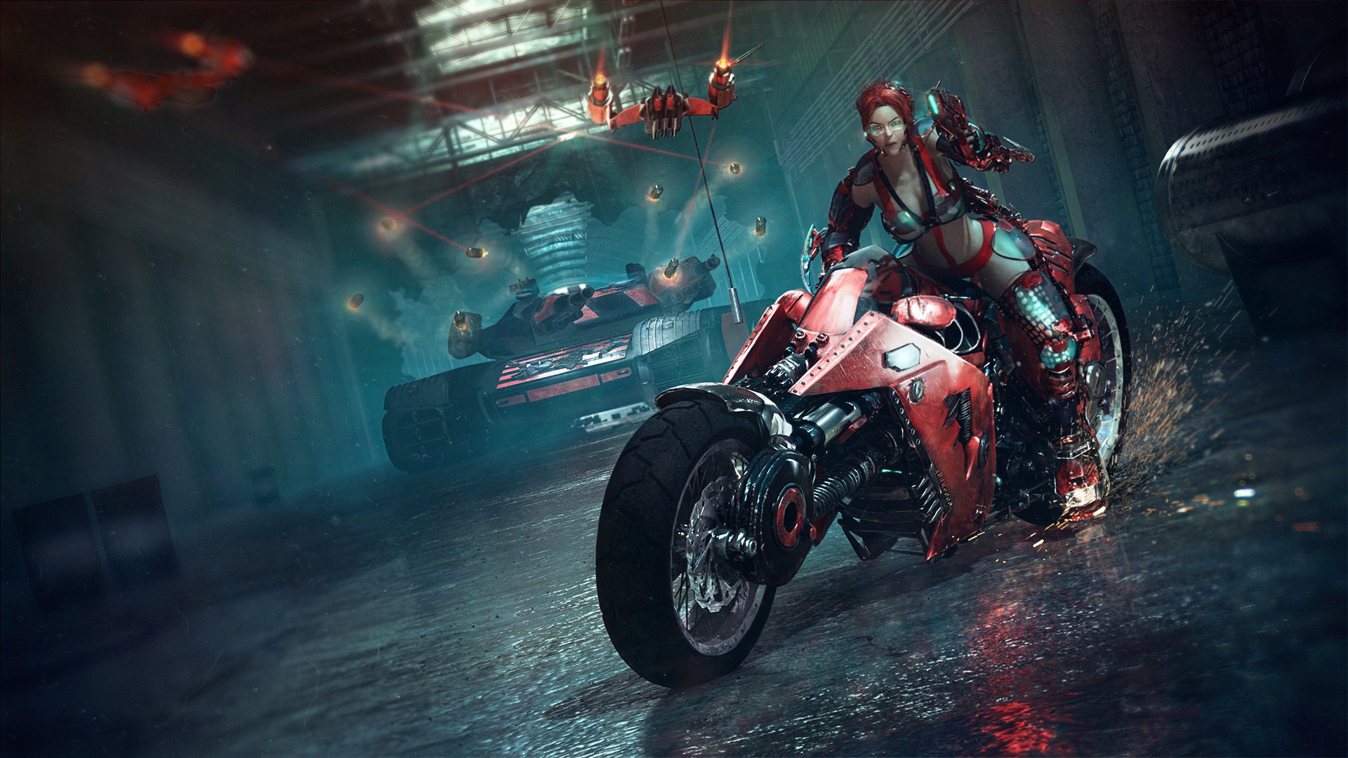 General 1920x1080 women motorcycle cyberpunk women with motorcycles vehicle science fiction futuristic artwork tank redhead science fiction women digital art military vehicle Red Motorcycles