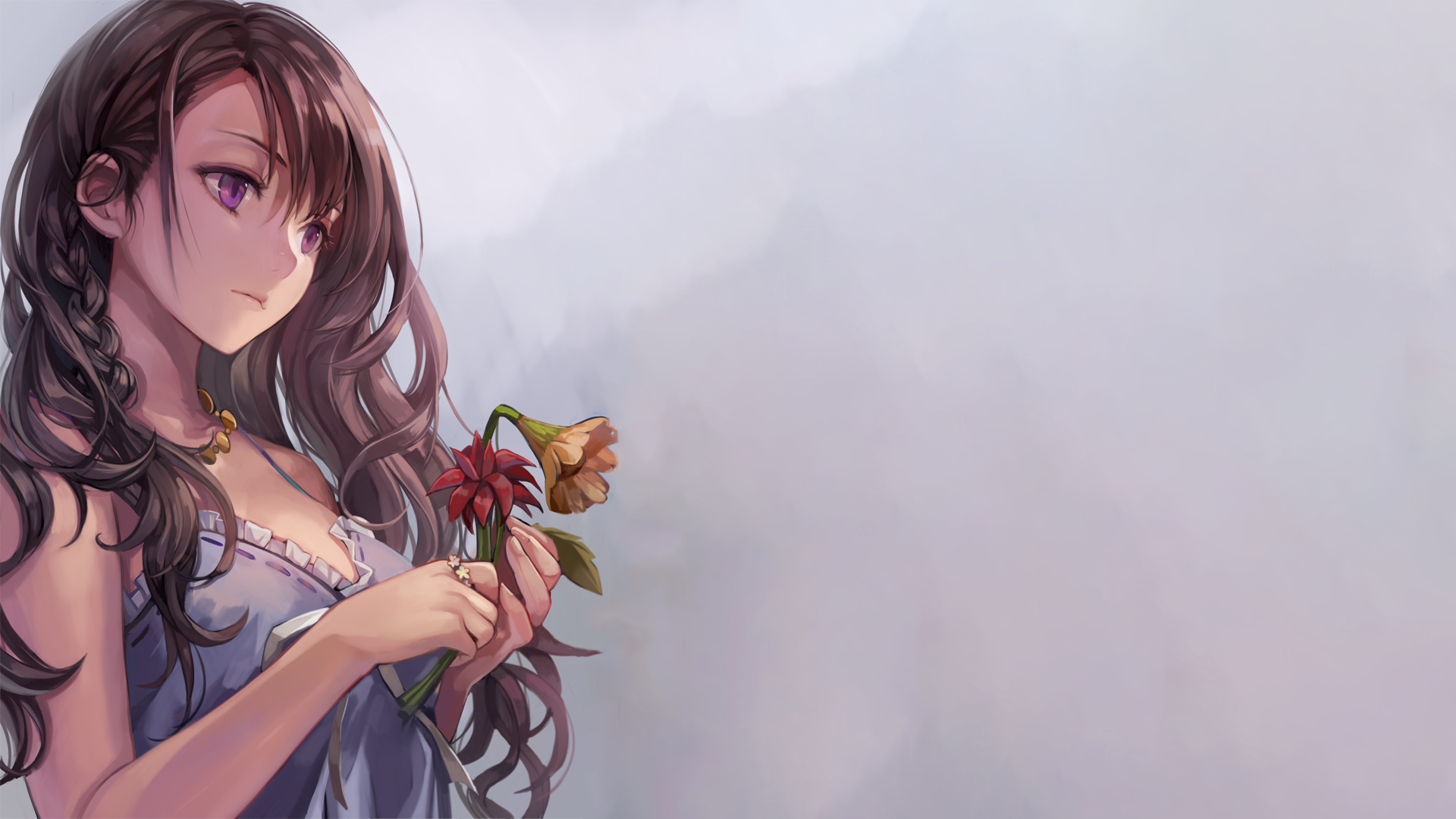 Anime 1920x1080 simple background anime girls flowers purple eyes brunette long hair soft shading looking into the distance original characters anime plants closed mouth