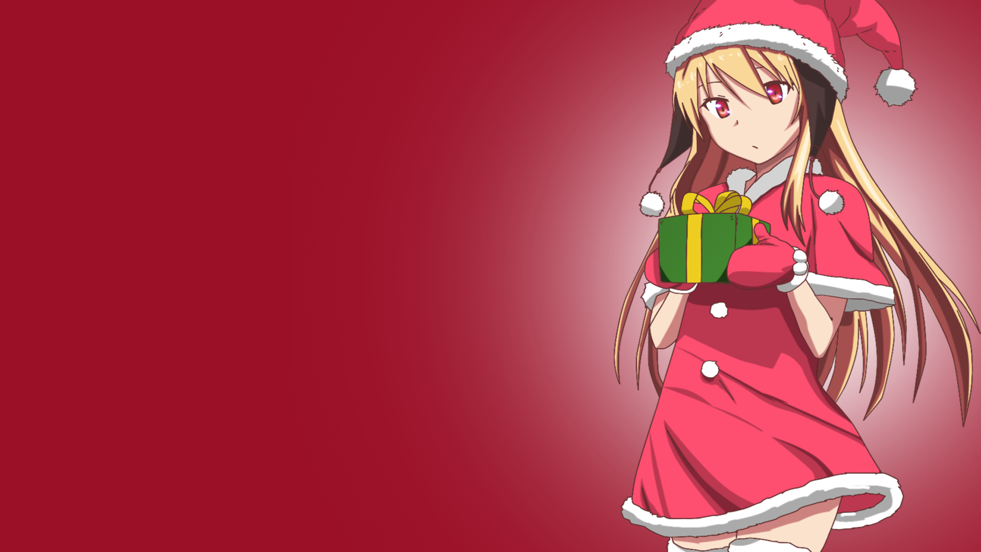 Anime 1920x1080 anime winter Sakurasou no Pet na Kanojo Shiina Mashiro Christmas holiday red background simple background Santa costume Santa hats Christmas presents long hair blonde
