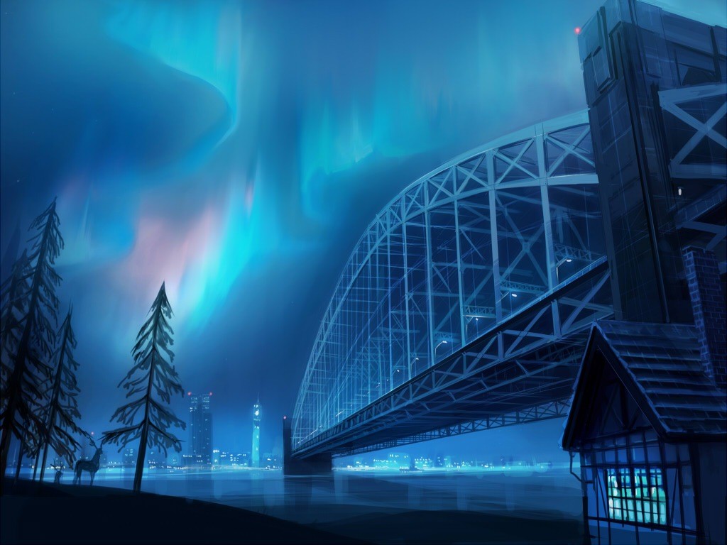 General 1024x768 digital art artwork cityscape bridge construction sky aurorae