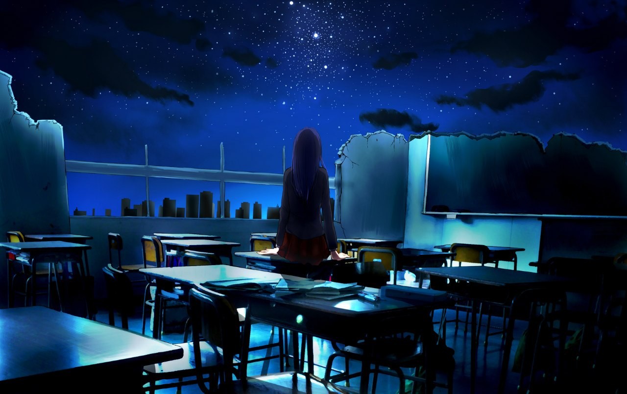 General 1280x804 artwork anime girls stars sky sitting ruins alone anime dark