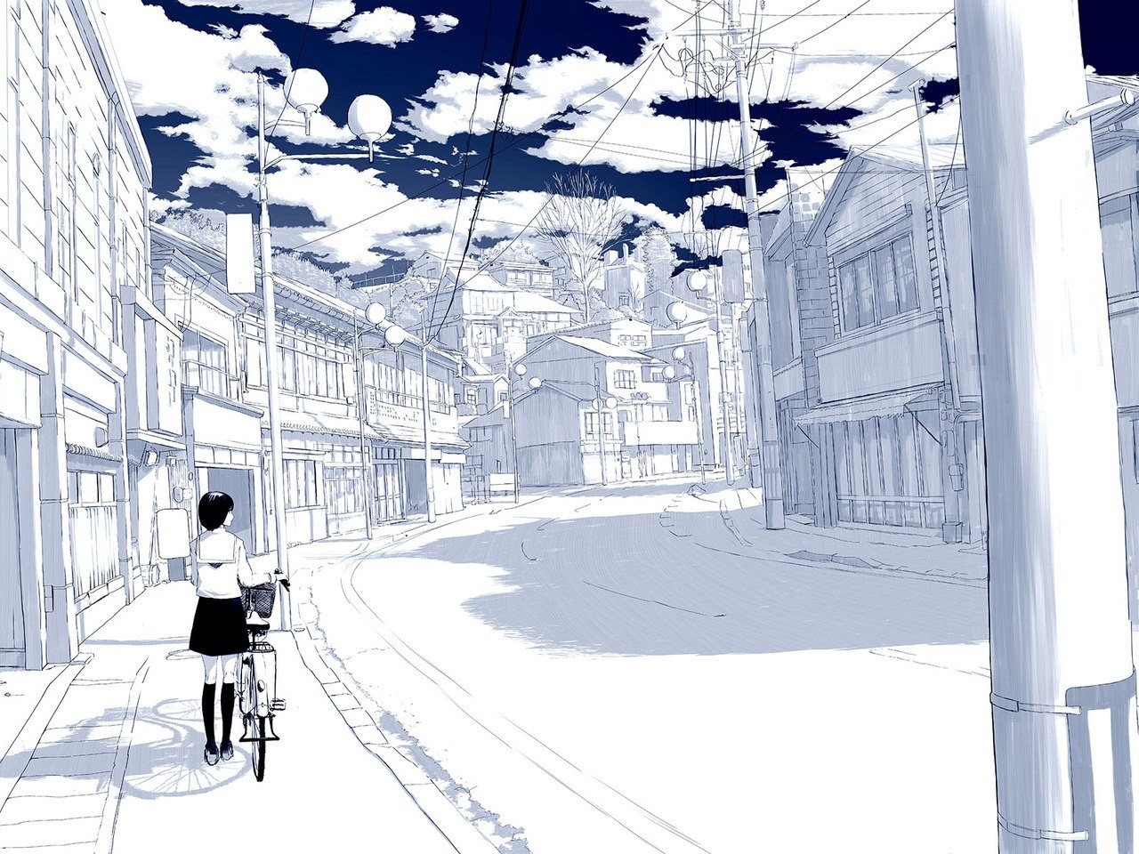 Anime 1280x960 selective coloring artwork bicycle clouds road power lines utility pole white anime girls women with bicycles street urban