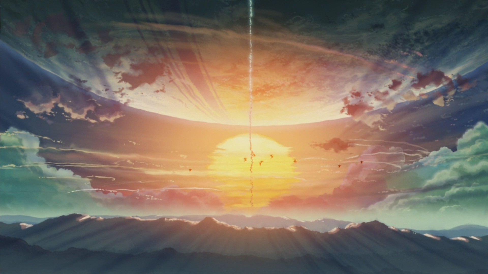 Anime 1920x1080 5 Centimeters Per Second sun rays Sun contrails sky Makoto Shinkai  anime sunlight landscape
