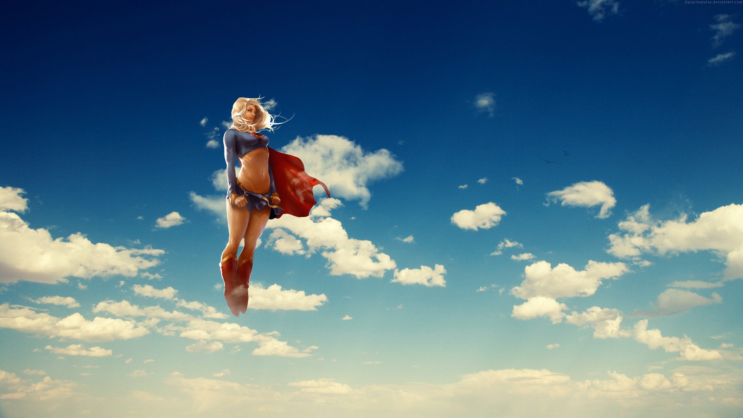 General 2560x1440 Supergirl superheroines artwork blonde fantasy girl flying clouds miniskirt thighs