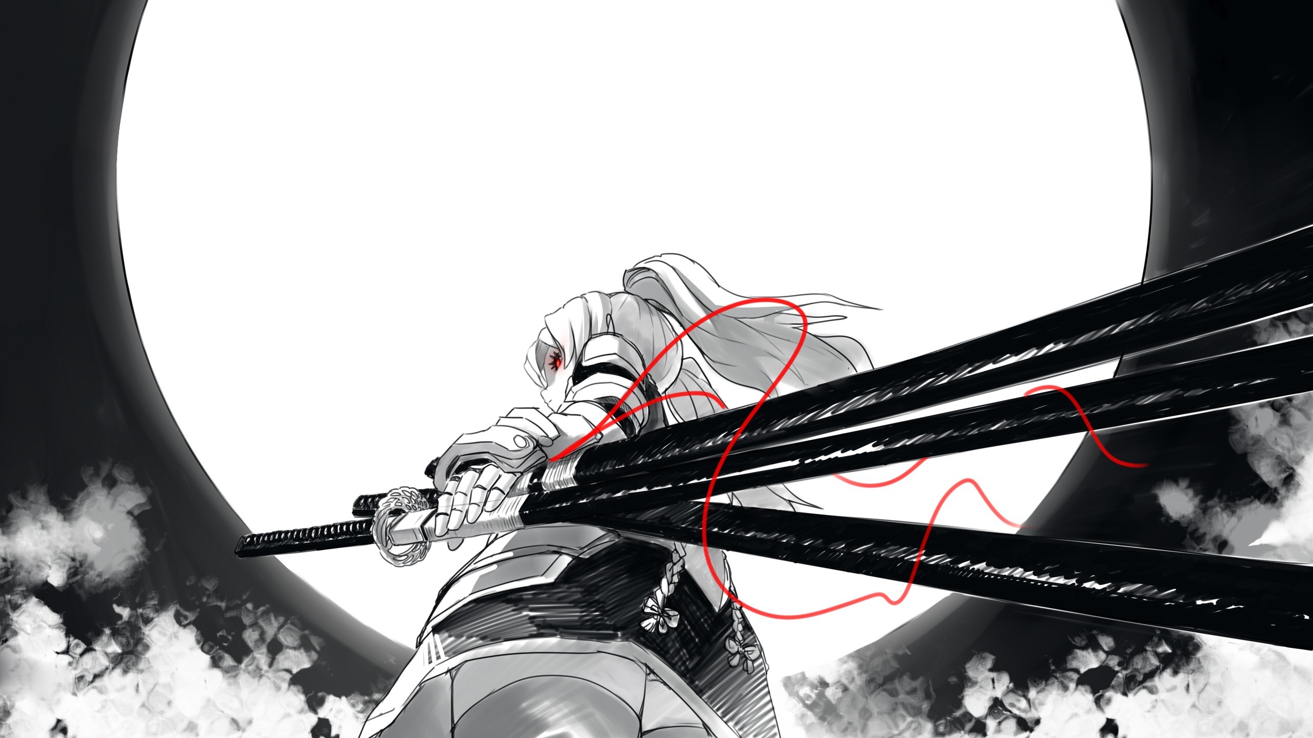 Anime 2560x1440 anime girls original characters monochrome anime FKEY women with swords low-angle selective coloring red eyes sword