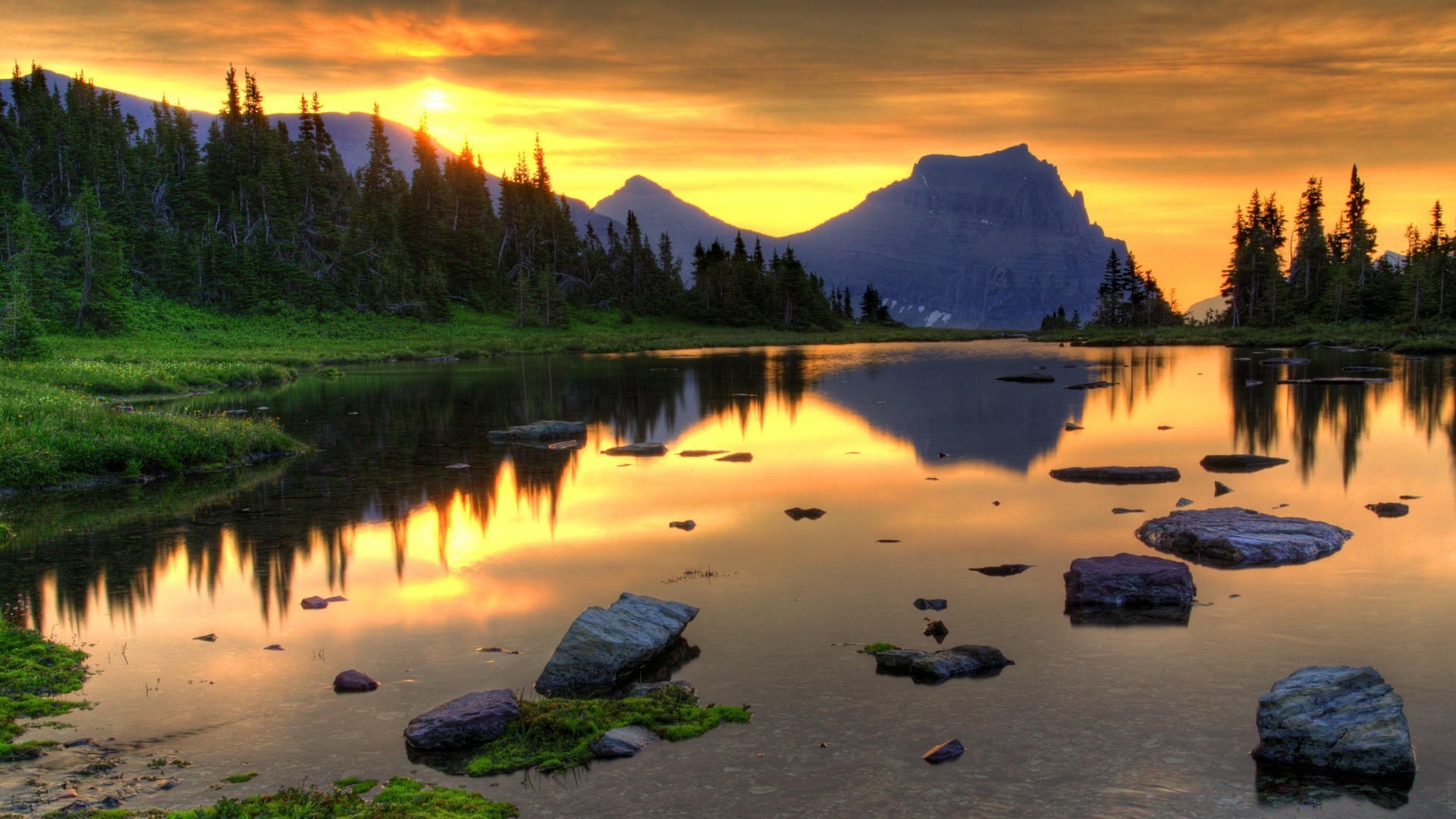 General 1920x1080 landscape mountains sunset lake Glacier National Park sunlight orange sky